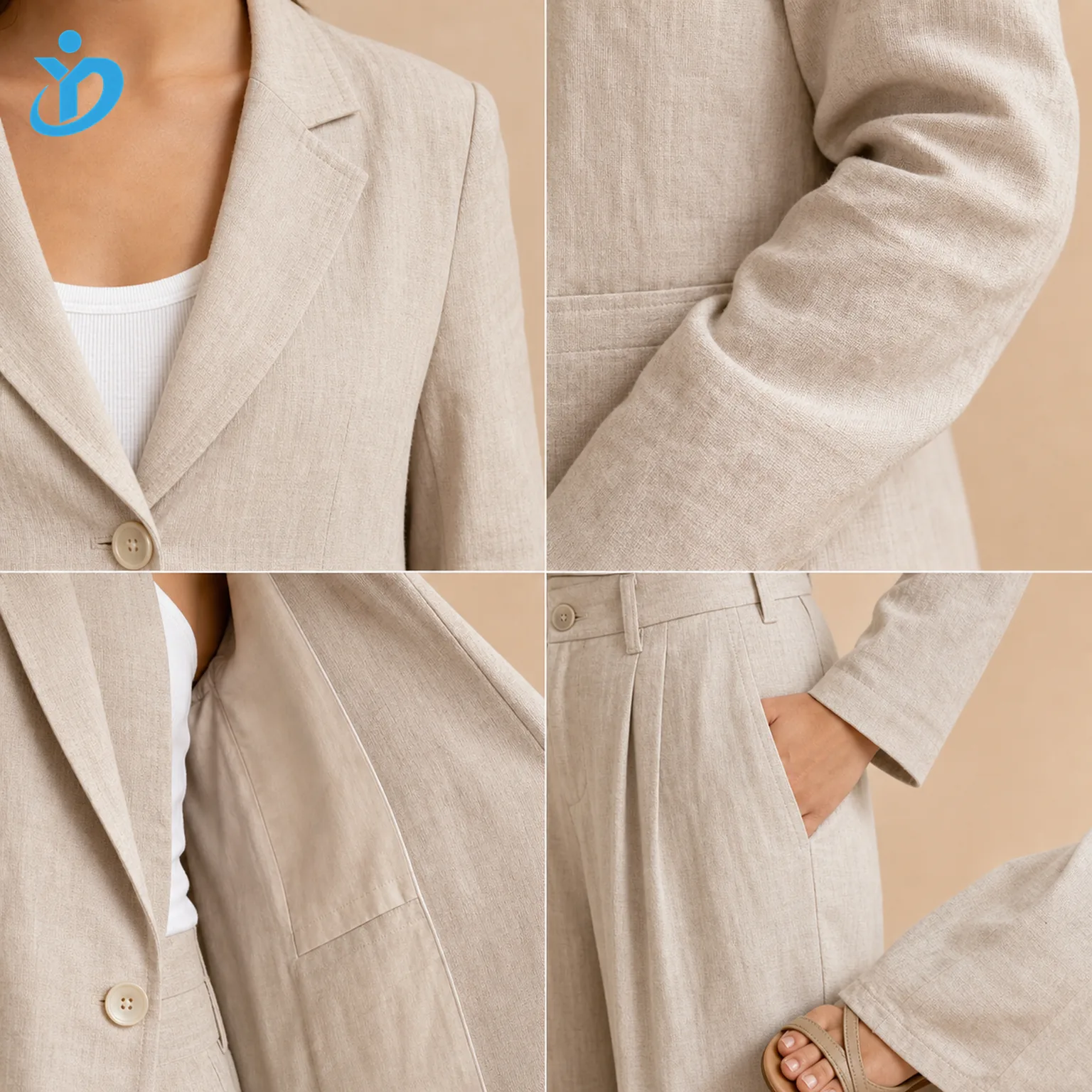 Custom womens linen suit sets detail grid showing linen lapel enzyme wash garment dye natural wrinkle finish half lining lightweight construction and Dongguan Yidi Clothing Co Ltd transparent logo