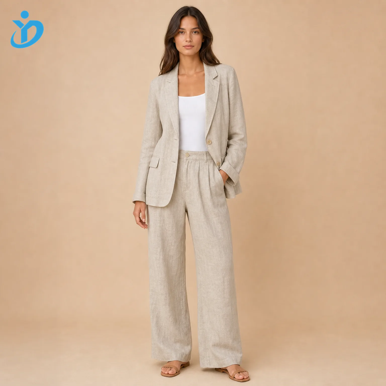 Custom womens linen suit sets front view with natural oatmeal beige linen blazer wide leg pants enzyme wash garment dye wrinkle finish lightweight construction and Dongguan Yidi Clothing Co Ltd transparent logo