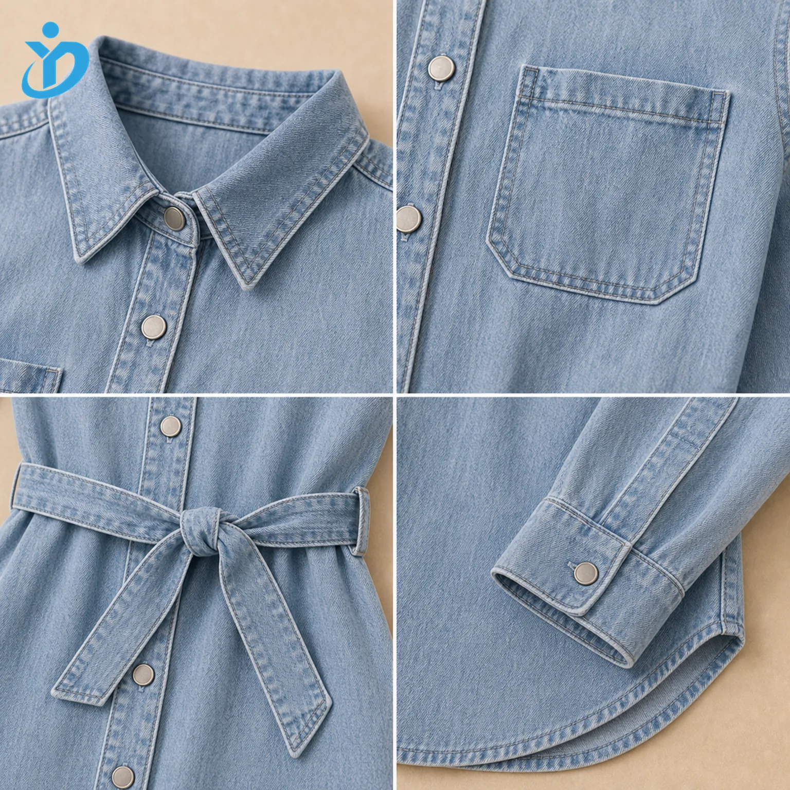Custom womens long sleeve denim shirt dress detail grid showing shirt collar metal buttons chest pocket waist tie belt cuff and Dongguan Yidi Clothing Co Ltd transparent logo