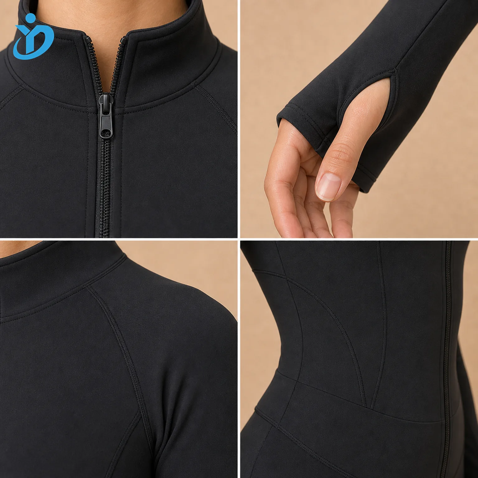 Custom womens long sleeve zip yoga jacket detail grid showing YKK zipper thumb hole cuff raglan sleeve seam nylon spandex slim fit panel and Dongguan Yidi Clothing Co Ltd transparent logo