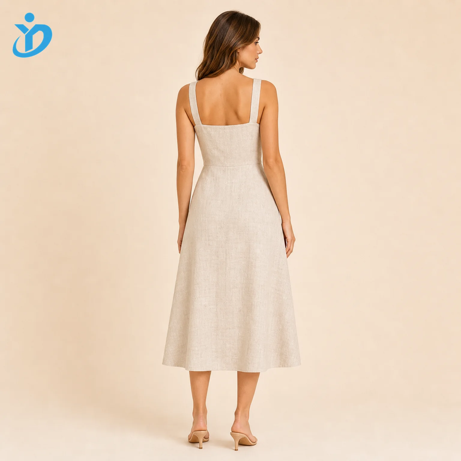 Custom womens natural linen midi dress back view with wide straps square back A-line skirt and Dongguan Yidi Clothing Co Ltd transparent logo