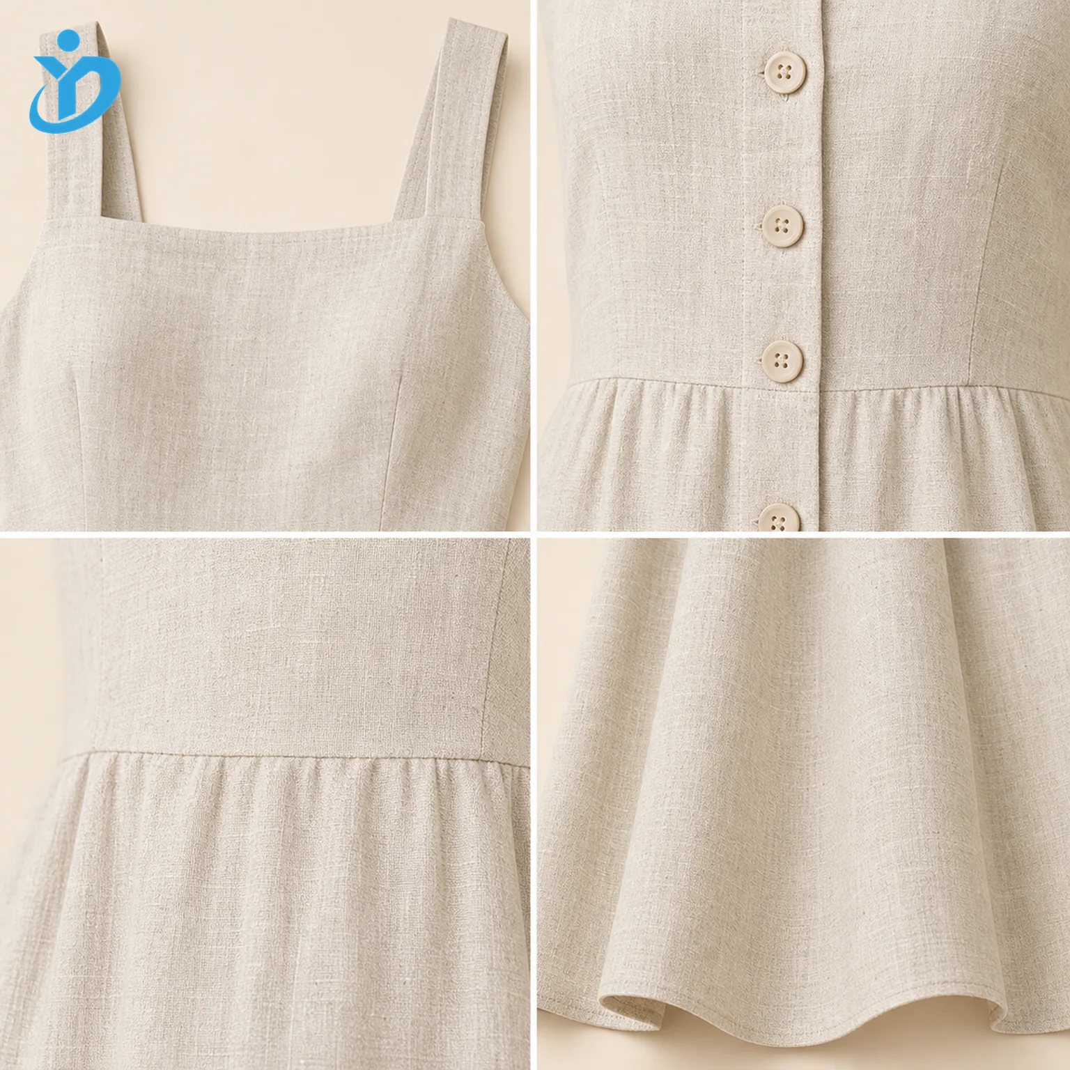 Custom womens natural linen midi dress detail grid showing square neckline button placket linen texture waist seam hem and Dongguan Yidi Clothing Co Ltd transparent logo