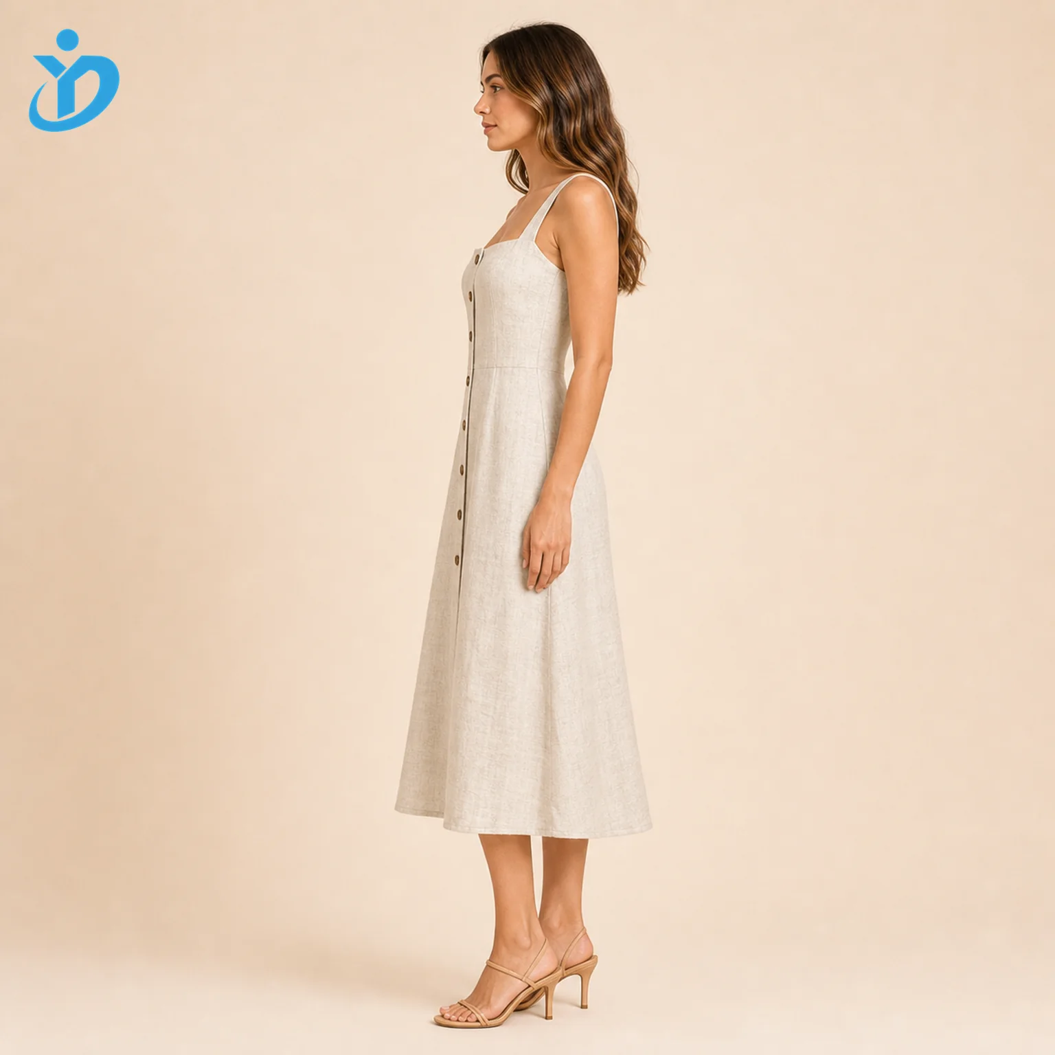 Custom womens natural linen midi dress side view for private label resortwear dress manufacturing with Dongguan Yidi Clothing Co Ltd transparent logo