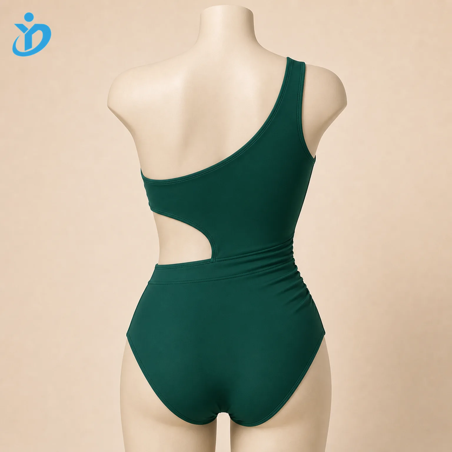 Custom womens one shoulder cutout one piece swimsuit back view on mannequin showing asymmetric back one shoulder strap waist cutout and Dongguan Yidi Clothing Co Ltd transparent logo