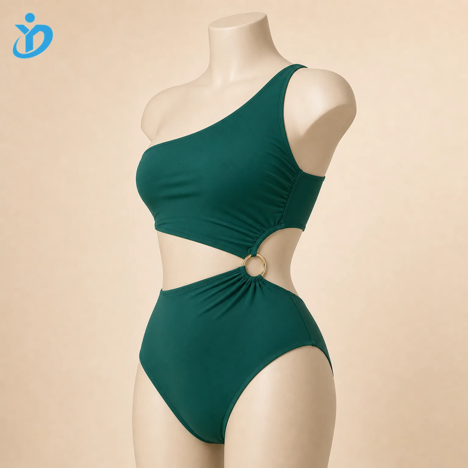 Custom womens one shoulder cutout one piece swimsuit side view on mannequin showing side waist cutout ruching metal ring connector and Dongguan Yidi Clothing Co Ltd transparent logo