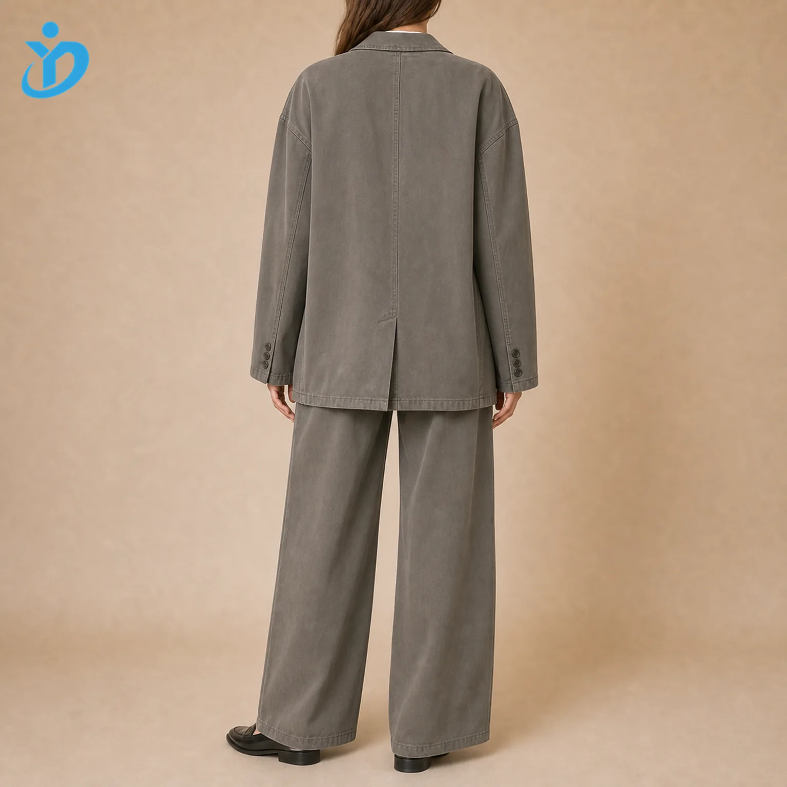 Custom womens oversized blazer sets back view showing oversized blazer back vent soft shoulder construction wide leg pants garment washed fabric and Dongguan Yidi Clothing Co Ltd transparent logo