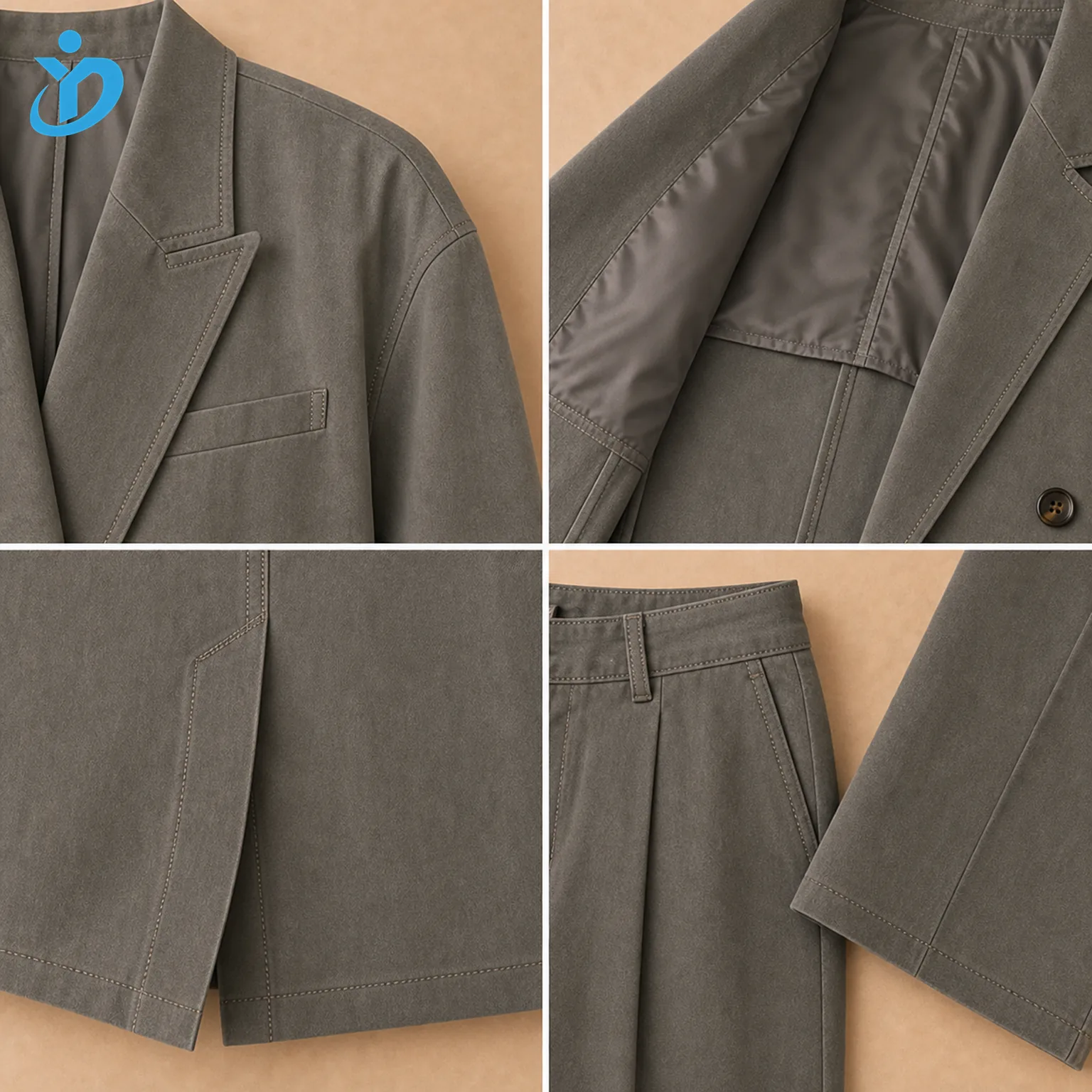 Custom womens oversized blazer sets detail grid showing drop shoulder half lining back vent decorative topstitch wide leg pants garment washed fabric and Dongguan Yidi Clothing Co Ltd transparent logo