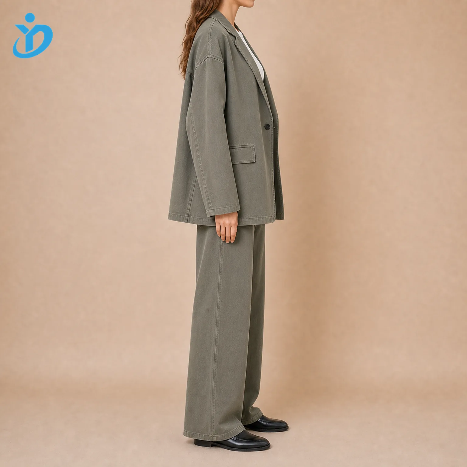 Custom womens oversized blazer sets side view showing drop shoulder soft shoulder blazer wide leg pants garment washed boyfriend fit and Dongguan Yidi Clothing Co Ltd transparent logo