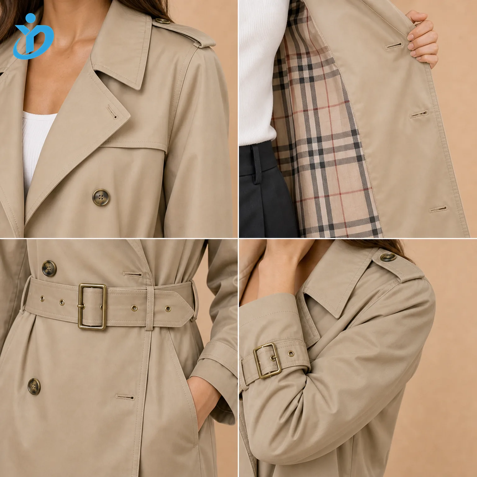 Custom womens oversized long trench coat detail grid showing water repellent coating custom lining metal buttons metal buckle waist belt shoulder epaulettes and Dongguan Yidi Clothing Co Ltd transparent logo