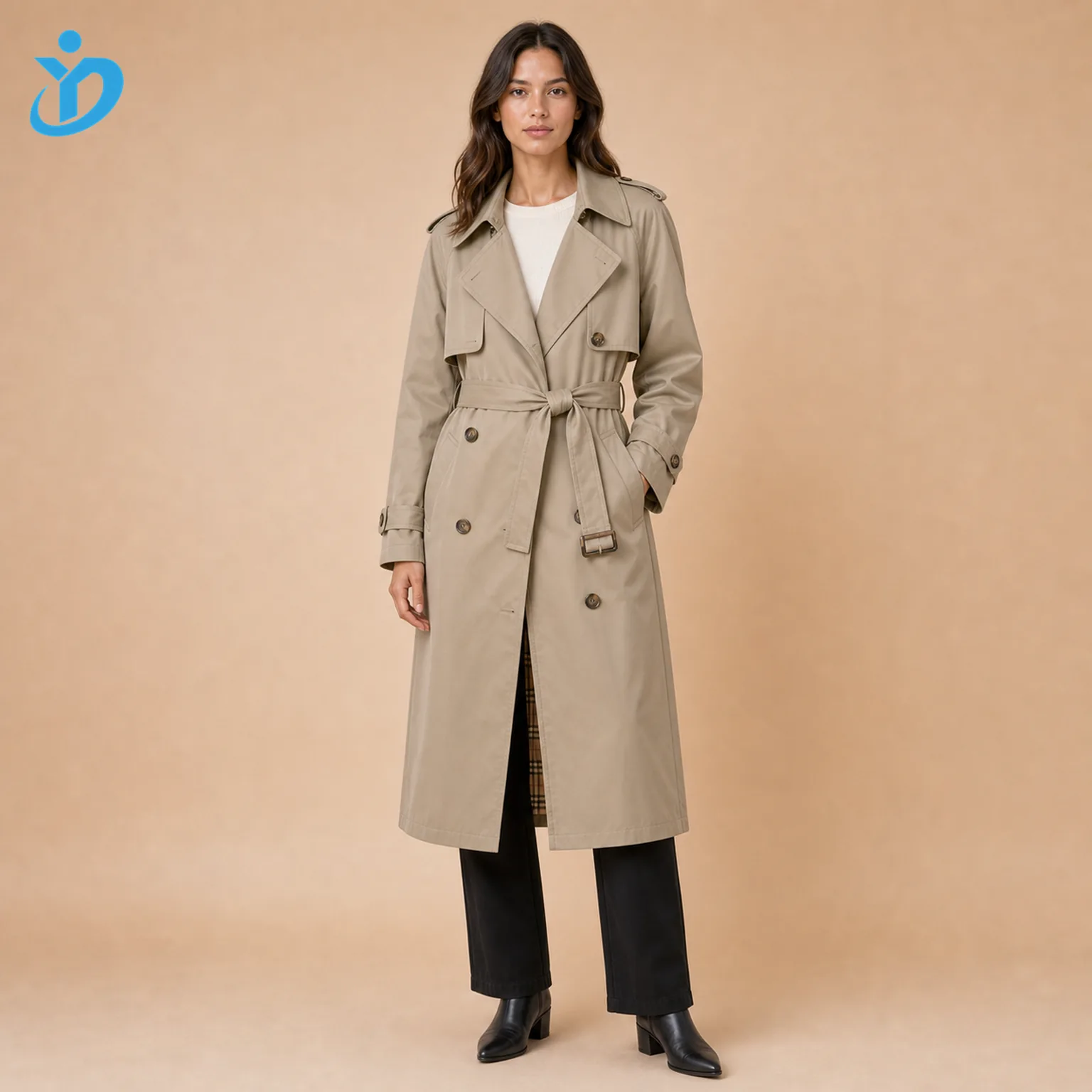 Custom womens oversized long trench coat front view with water repellent coating custom lining metal buttons belt shoulder epaulettes black pants boots and Dongguan Yidi Clothing Co Ltd transparent logo