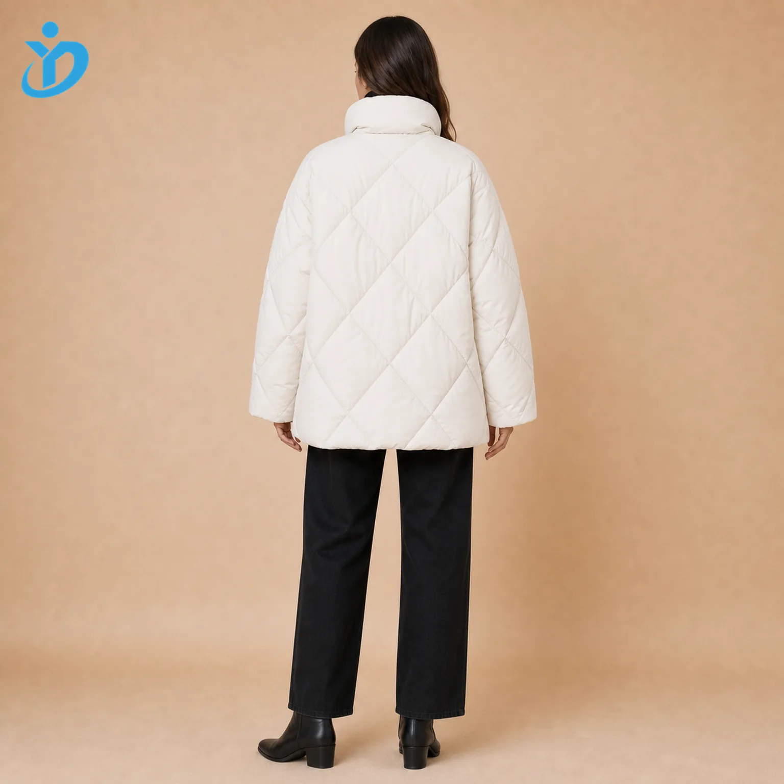 Custom womens oversized quilted puffer jacket back view showing diamond quilted stitching waterproof nylon down filled oversized shape and Dongguan Yidi Clothing Co Ltd transparent logo
