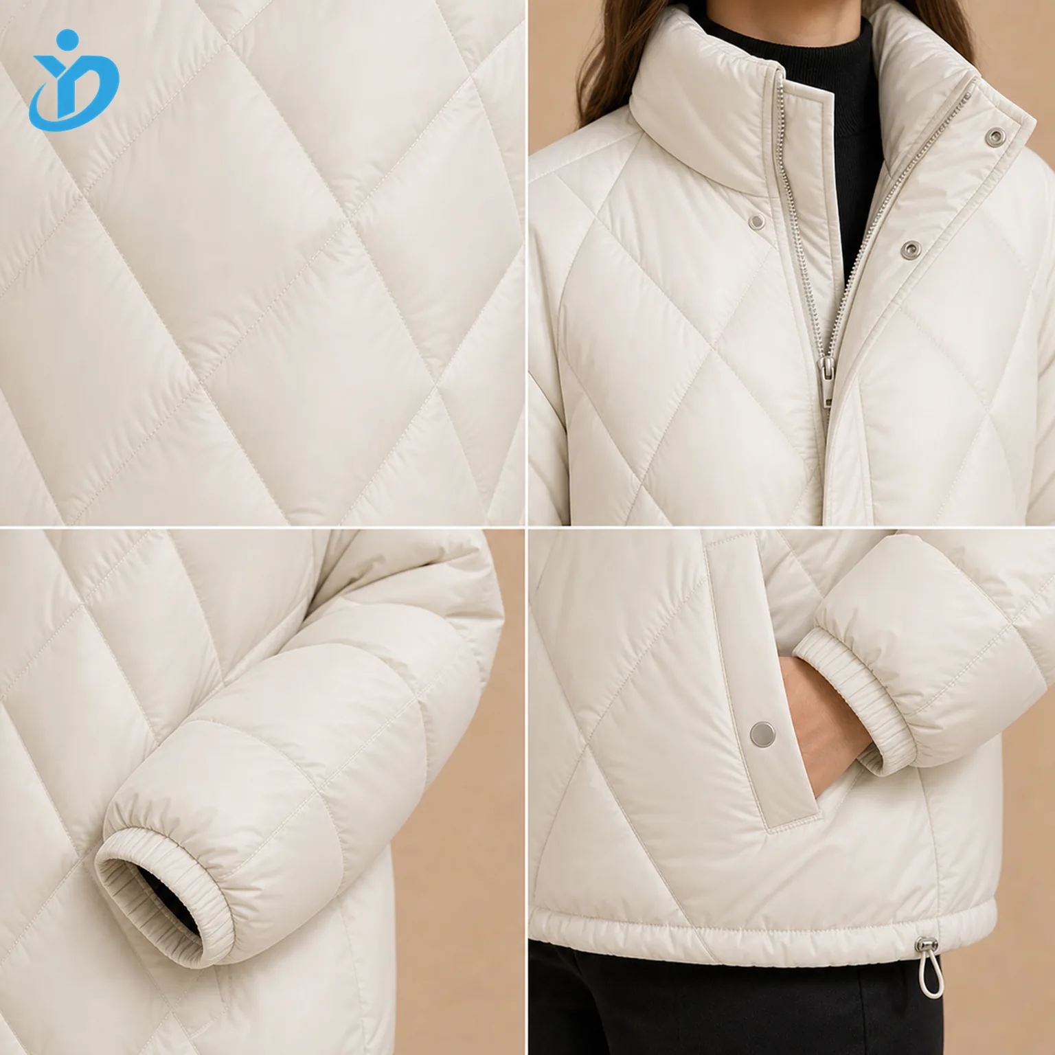 Custom womens oversized quilted puffer jacket detail grid showing quilted stitching windproof waterproof nylon custom down filling zipper snap placket and Dongguan Yidi Clothing Co Ltd transparent logo