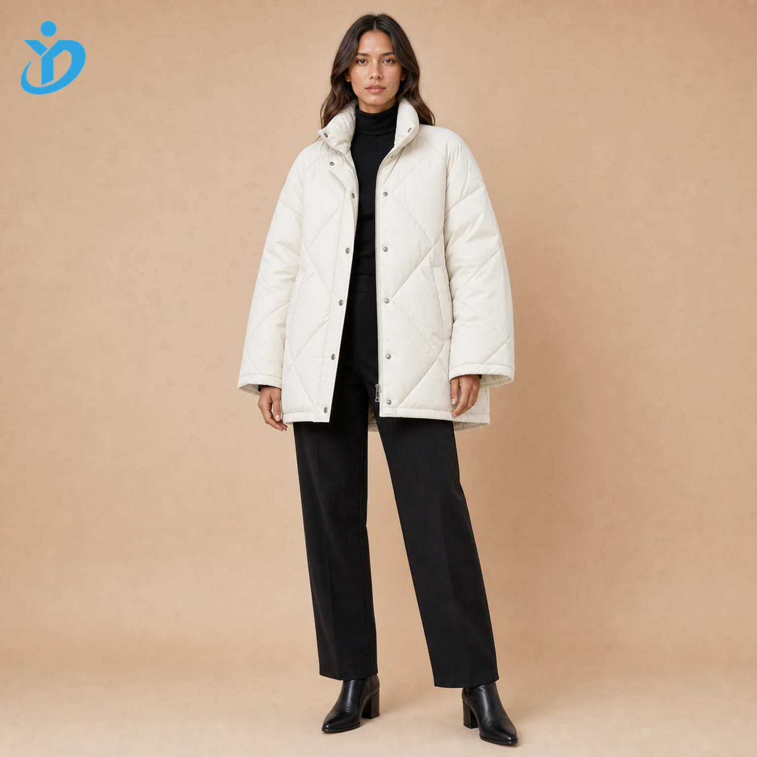 Custom womens oversized quilted puffer jacket front view with diamond quilted stitching windproof waterproof nylon down filling black outfit boots and Dongguan Yidi Clothing Co Ltd transparent logo