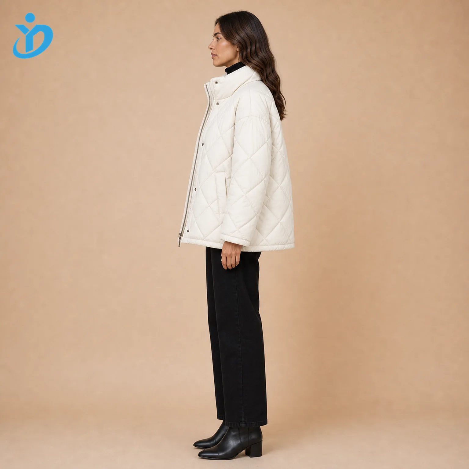 Custom womens oversized quilted puffer jacket side view showing diamond quilting windproof waterproof nylon shell down filling stand collar and Dongguan Yidi Clothing Co Ltd transparent logo