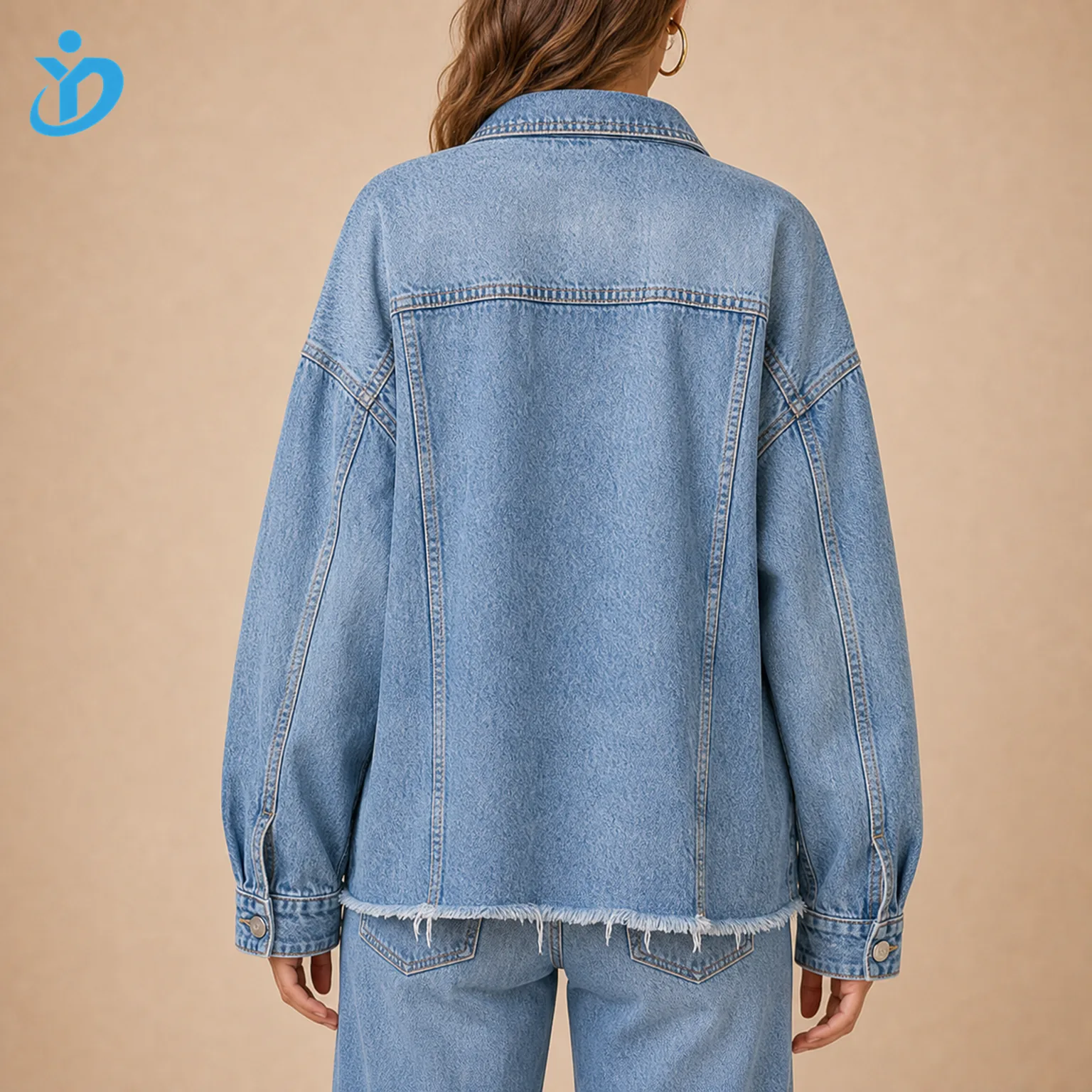 Custom womens oversized vintage denim jacket back view showing heavy stone wash vintage fade drop shoulder oversized fit raw edge hem and Dongguan Yidi Clothing Co Ltd transparent logo
