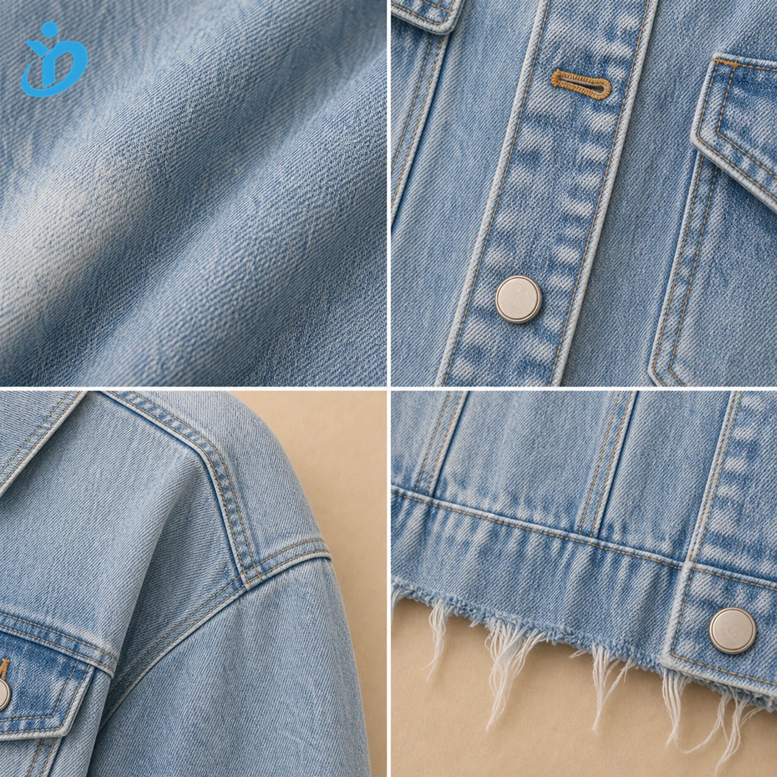 Custom womens oversized vintage denim jacket detail grid showing heavy stone wash metal button drop shoulder seam raw edge hem and Dongguan Yidi Clothing Co Ltd transparent logo