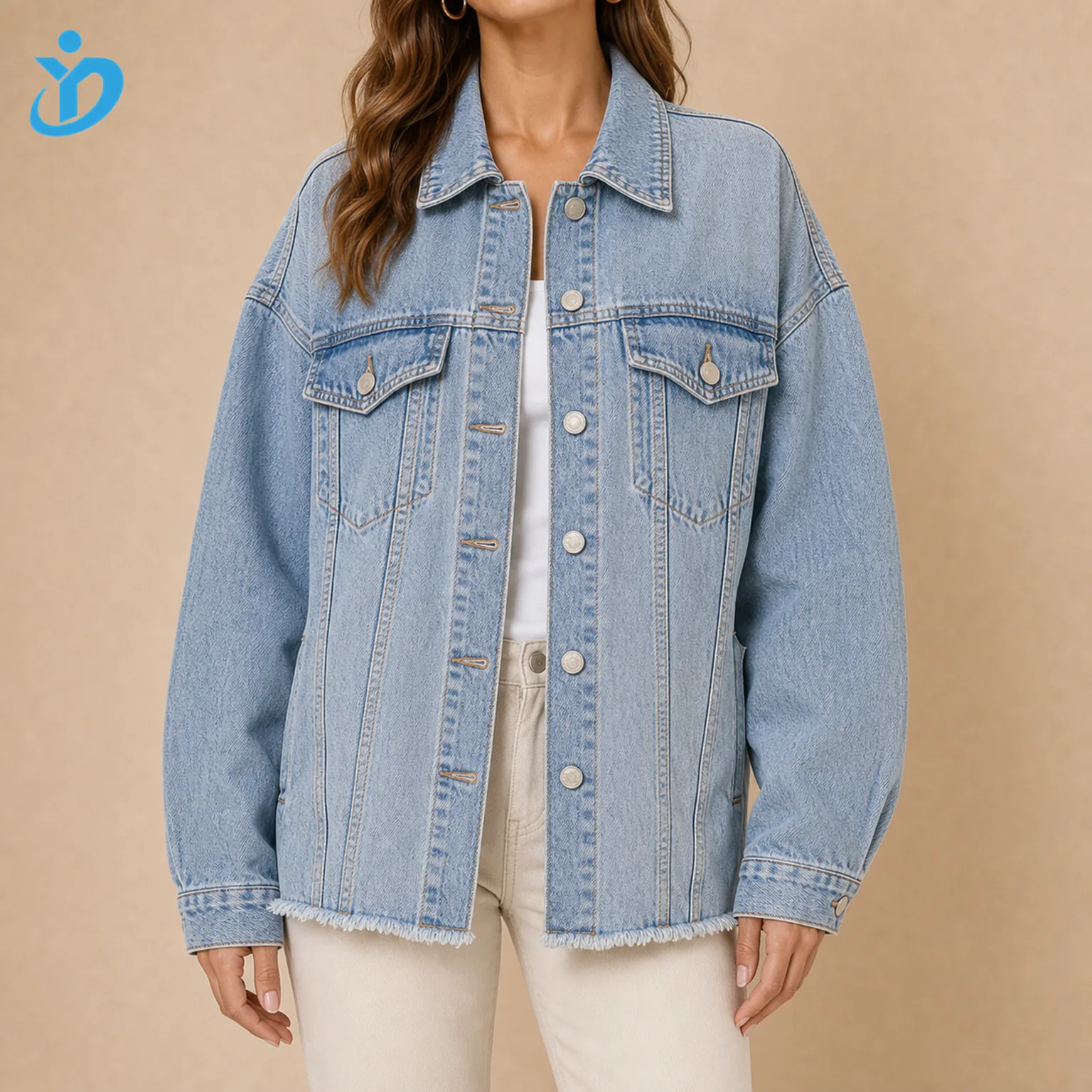 Custom womens oversized vintage denim jacket front view with heavy stone wash vintage fade drop shoulder raw edge hem metal buttons and Dongguan Yidi Clothing Co Ltd transparent logo