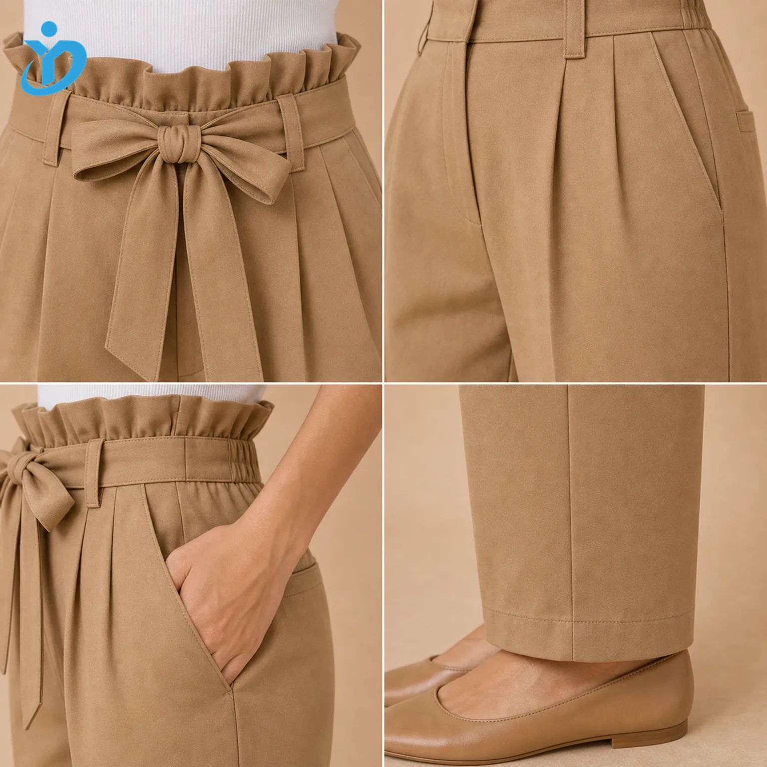 Custom womens paperbag waist pants detail grid showing paperbag waist self fabric belt elastic waist front pleats tapered leg side pocket and Dongguan Yidi Clothing Co Ltd transparent logo