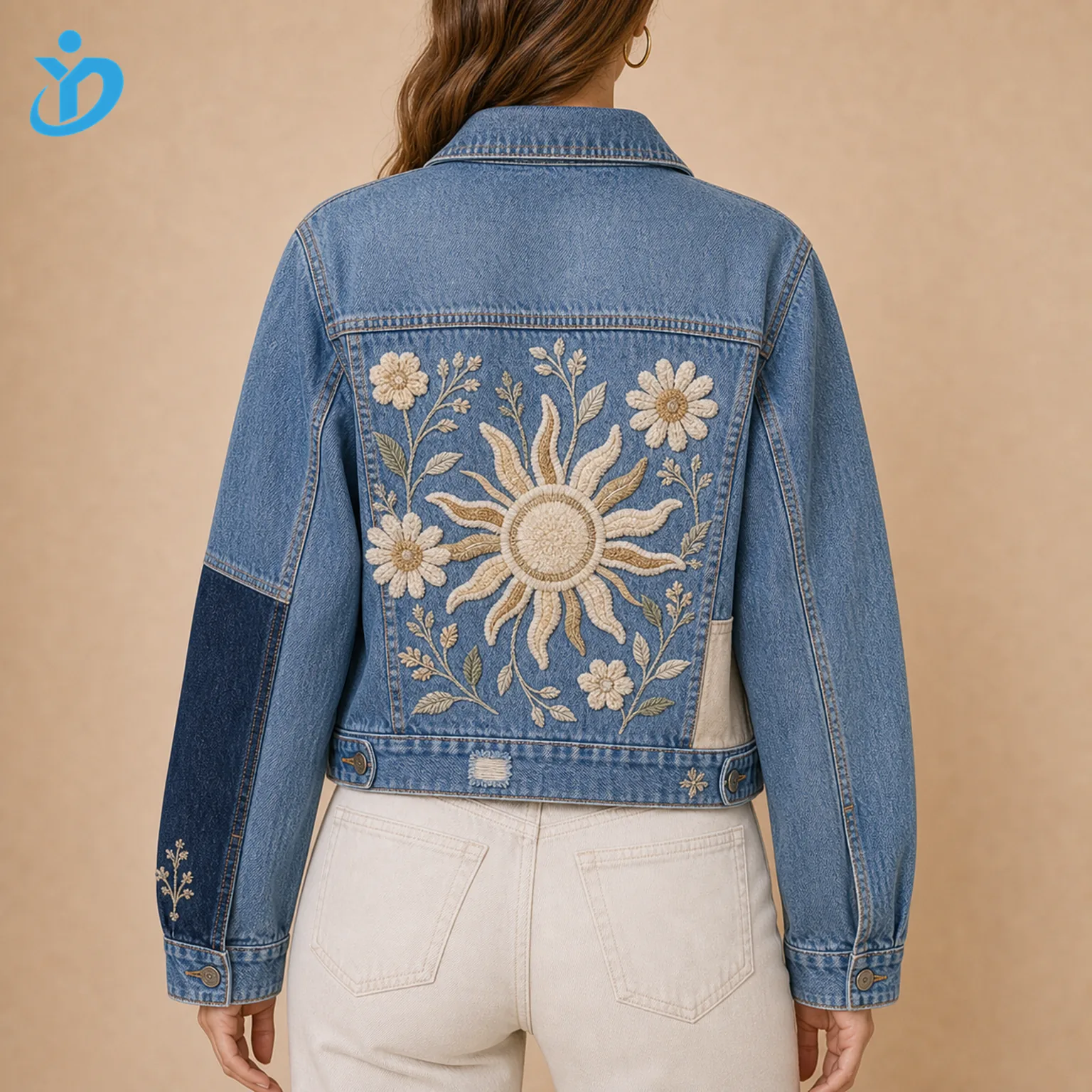 Back view of custom women's patchwork embroidered denim jacket