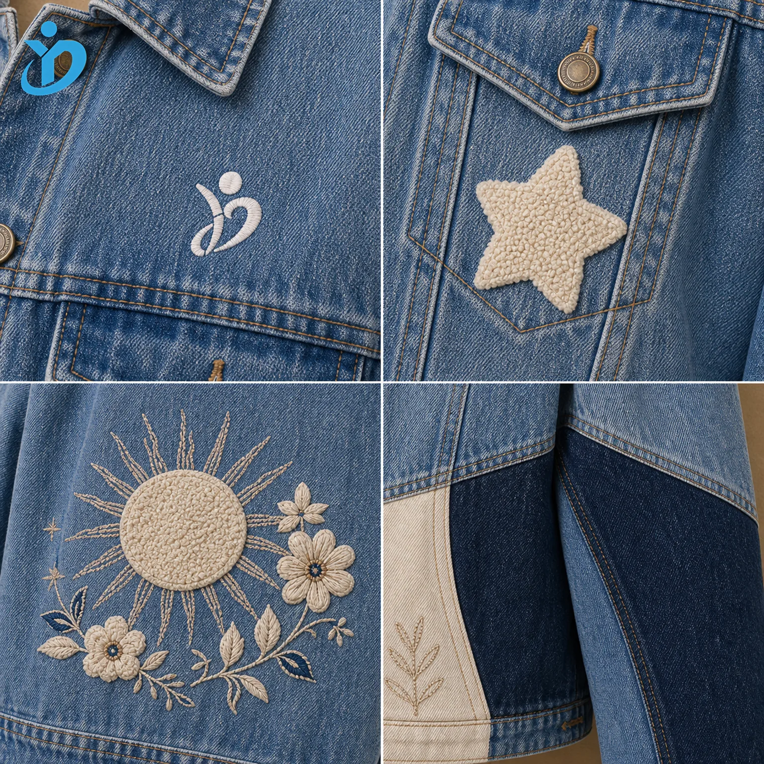 Detail views of custom women's patchwork embroidered denim jacket