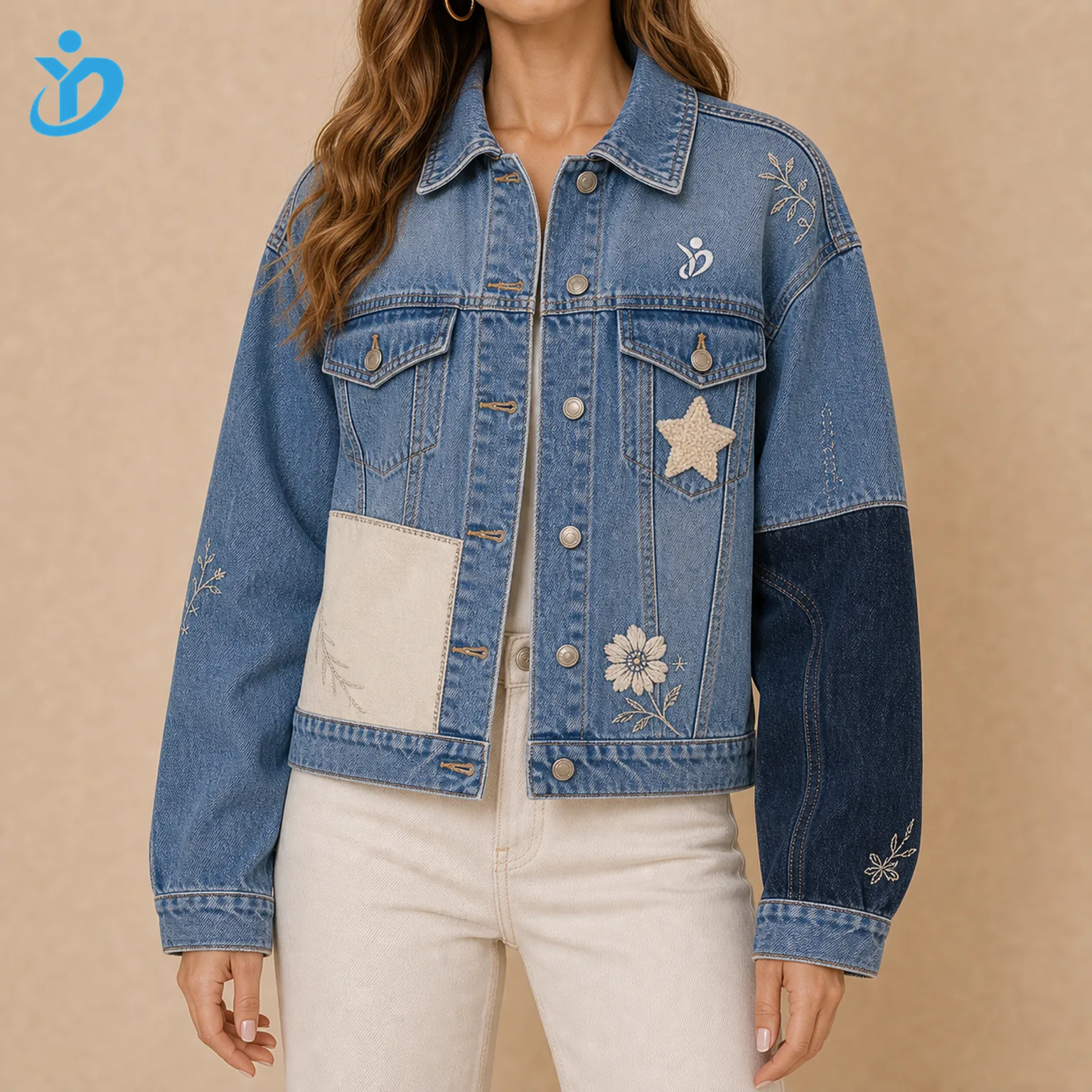 Custom womens patchwork embroidered denim jacket front view with embroidery logo chenille patch applique contrast fabric panel custom artwork and Dongguan Yidi Clothing Co Ltd transparent logo