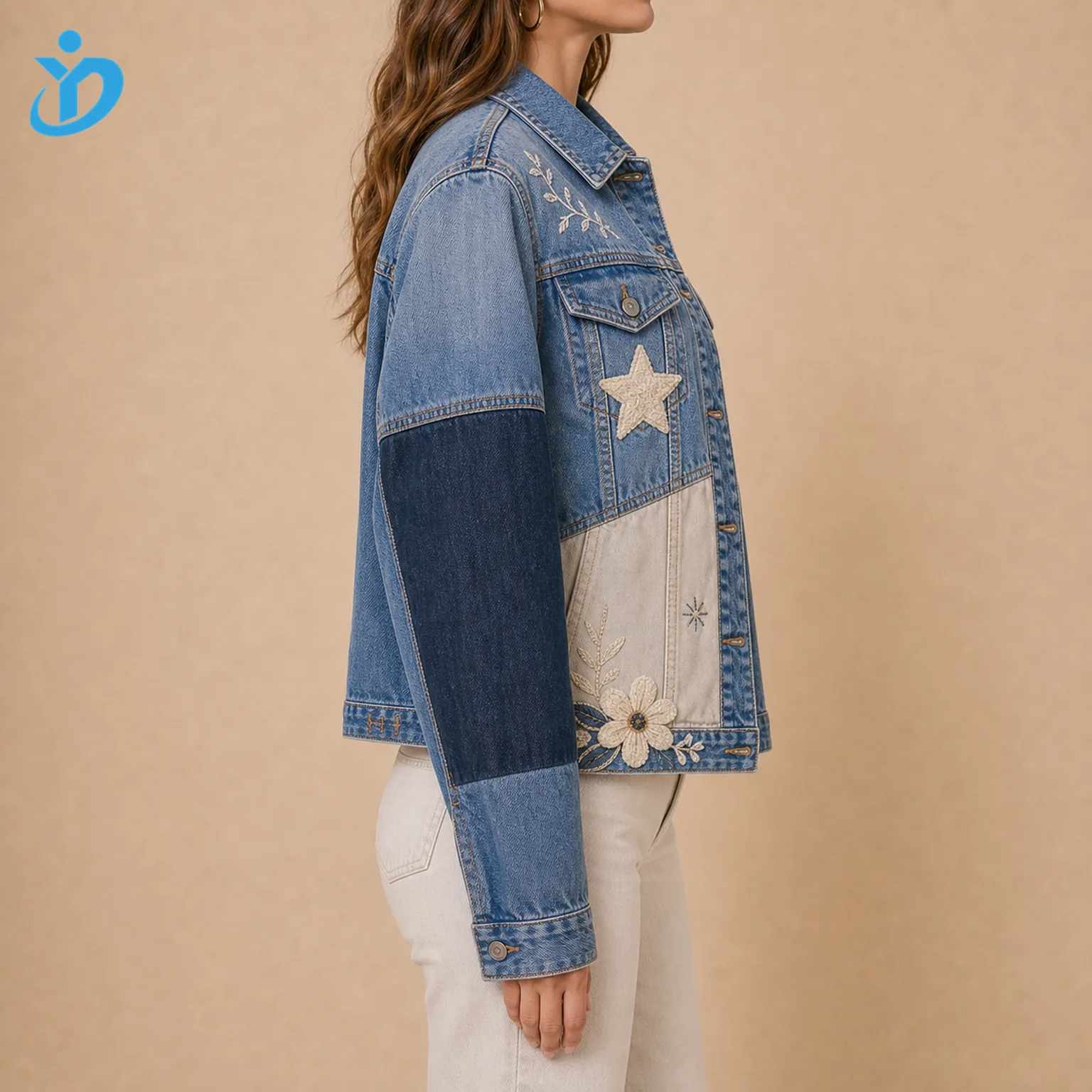 Side view of custom women's patchwork embroidered denim jacket