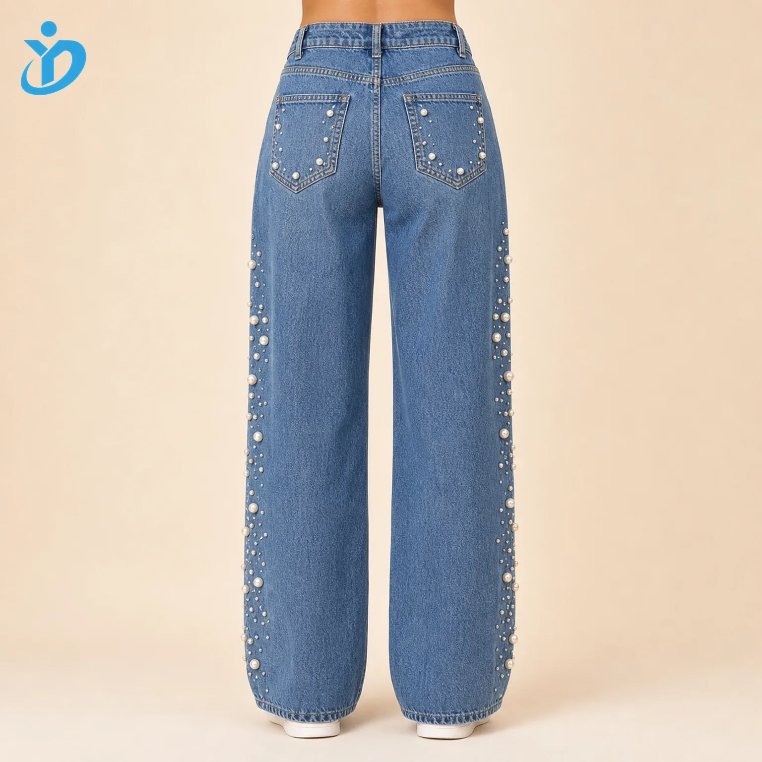 Custom womens pearl denim jeans back view lower body model with pearl decorated back pockets wide leg fit and Dongguan Yidi Clothing Co Ltd transparent logo