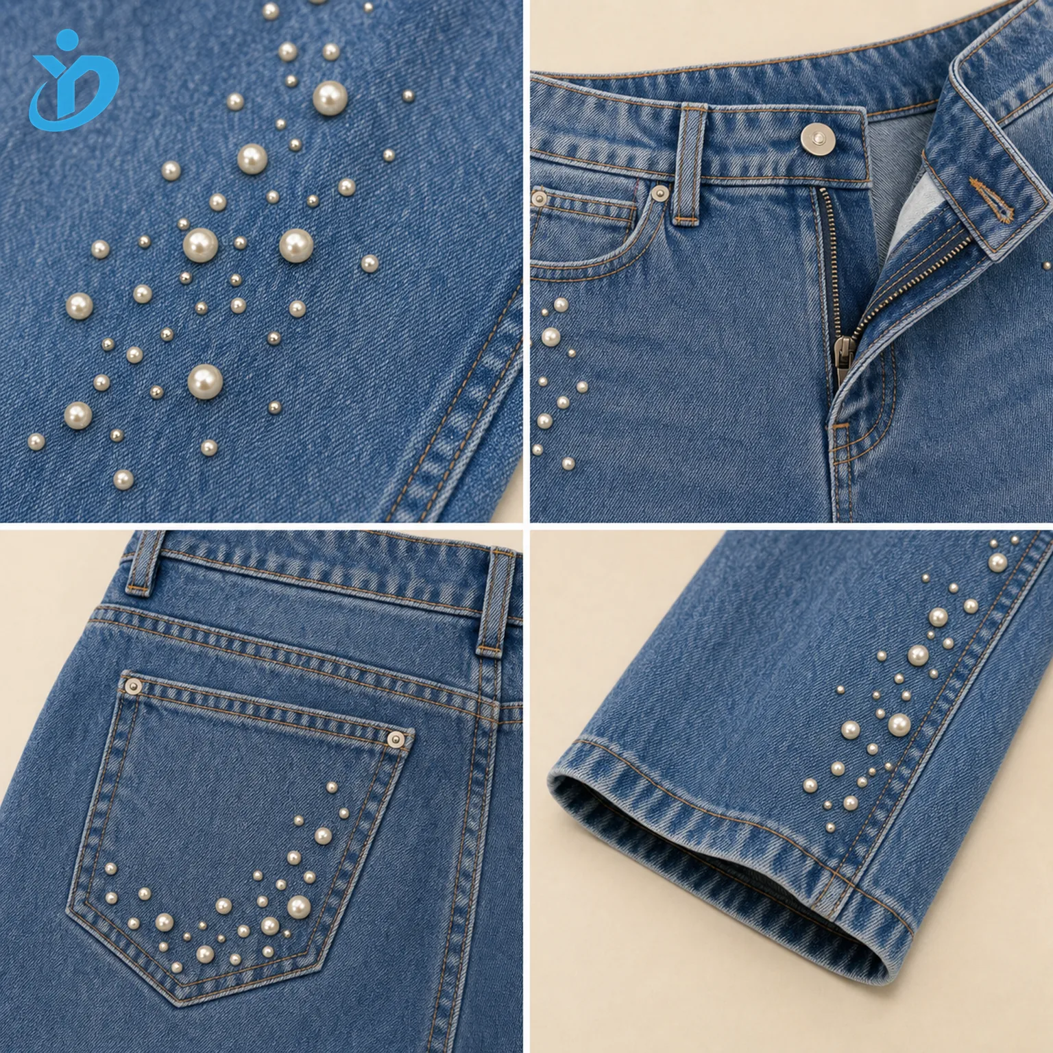 Custom womens pearl denim jeans detail grid showing pearl beads denim fabric waistband pocket back pocket hem stitching and Dongguan Yidi Clothing Co Ltd transparent logo