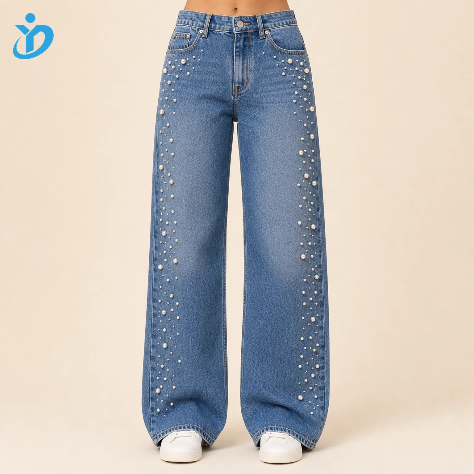 Custom womens pearl denim jeans front view lower body model with pearl bead embellishment wide leg fit and Dongguan Yidi Clothing Co Ltd transparent logo