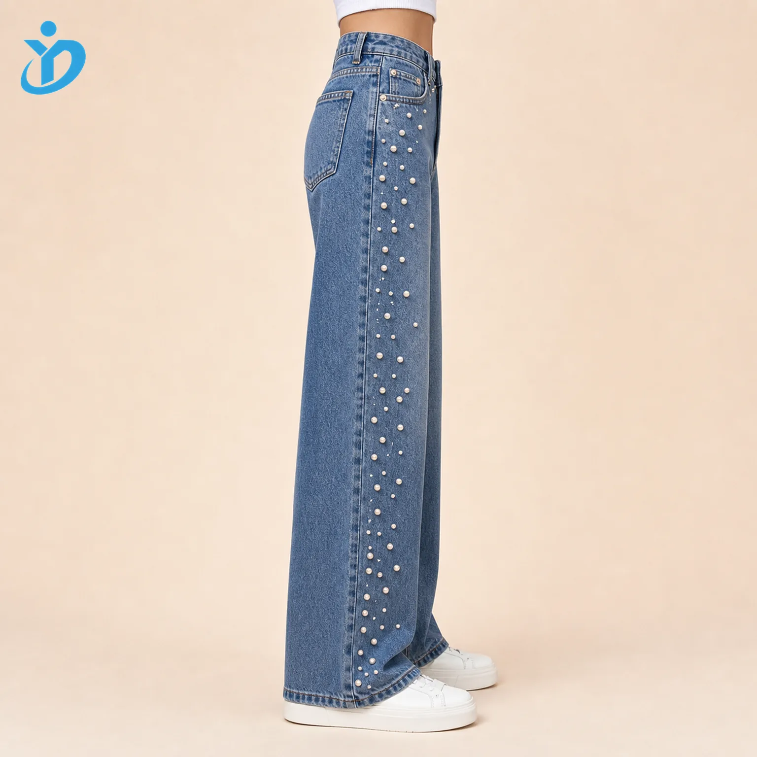 Custom womens pearl denim jeans side view lower body model with side seam pearl bead decoration for OEM ODM denim manufacturing and Dongguan Yidi Clothing Co Ltd transparent logo