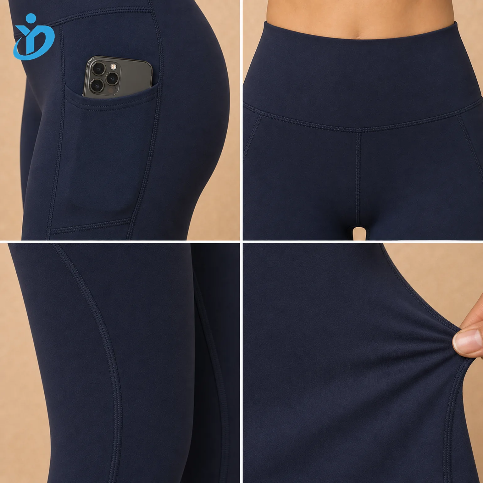 Custom womens pocket yoga leggings detail grid showing side pocket high waist tummy control waistband flatlock stitching anti squat fabric stretch and Dongguan Yidi Clothing Co Ltd transparent logo