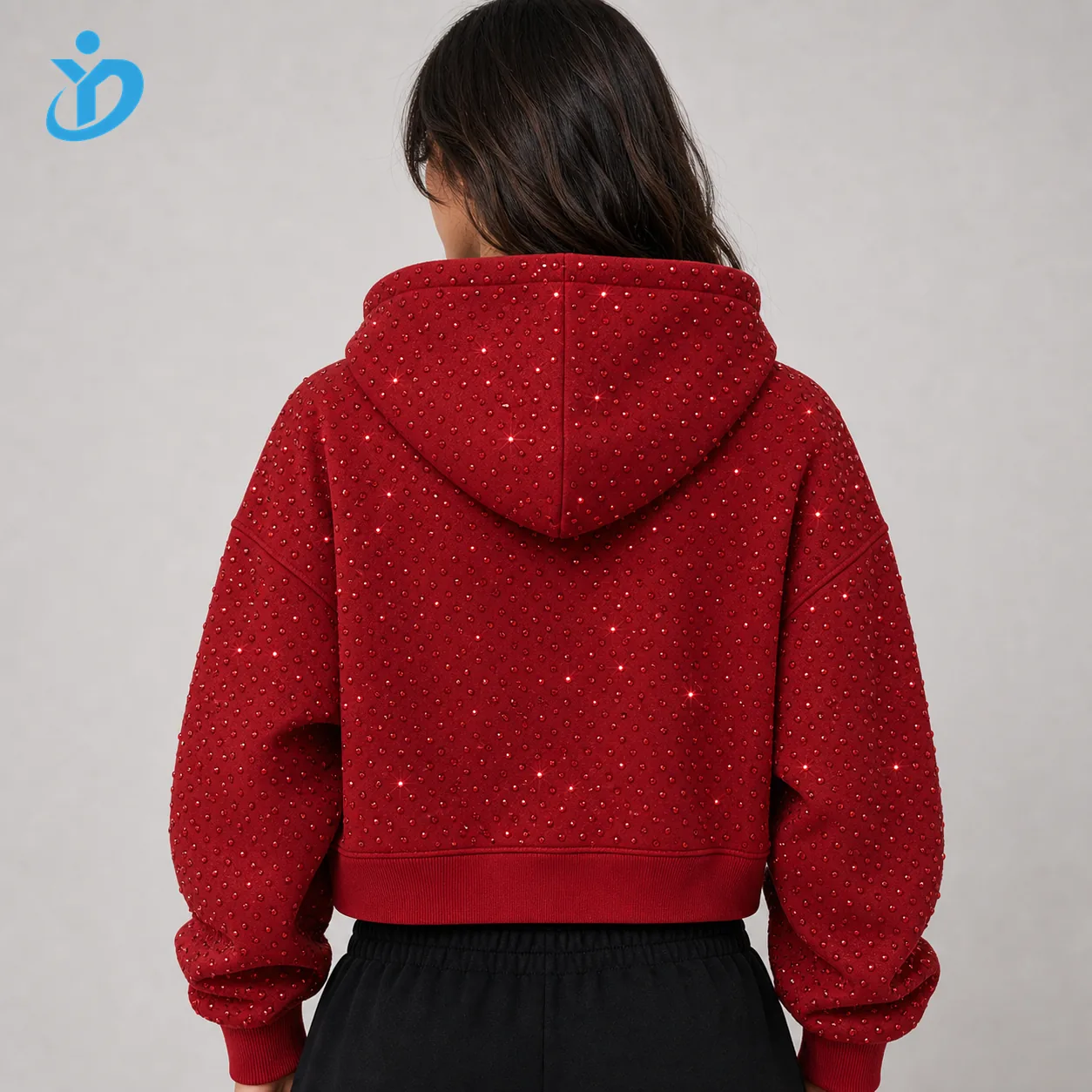 Custom womens red rhinestone embellished hoodie back view upper body model for private label hoodie manufacturing with YIDI Clothing logo