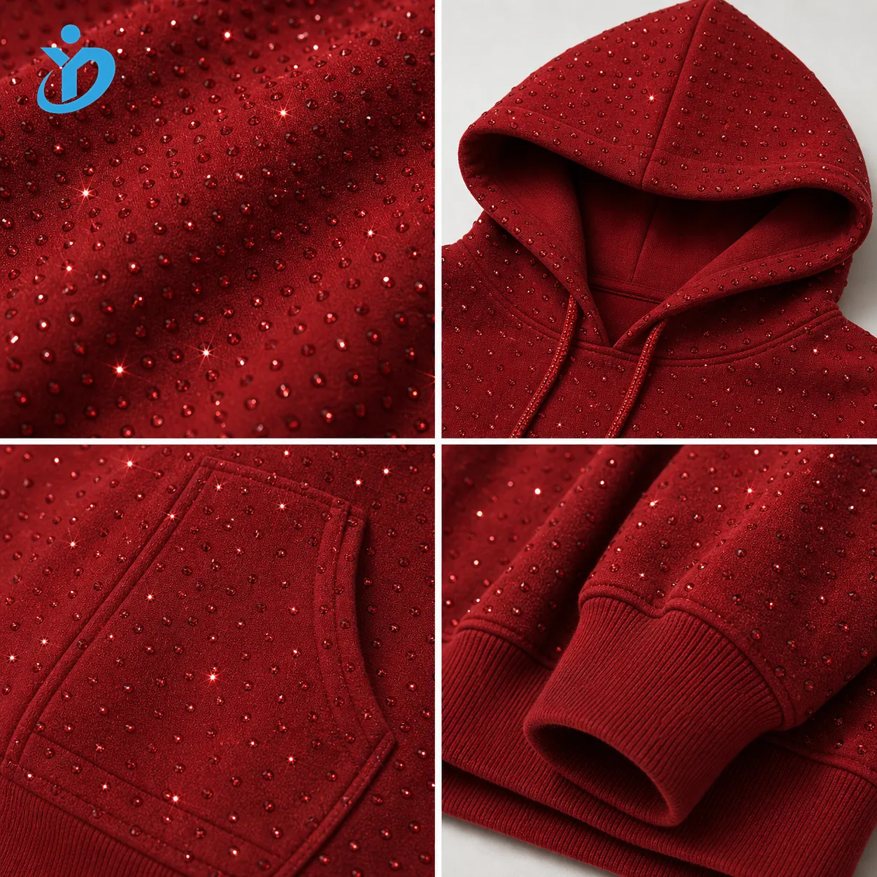 Custom womens red rhinestone embellished hoodie red fleece hood pocket cuff and visible rhinestone details with YIDI Clothing logo
