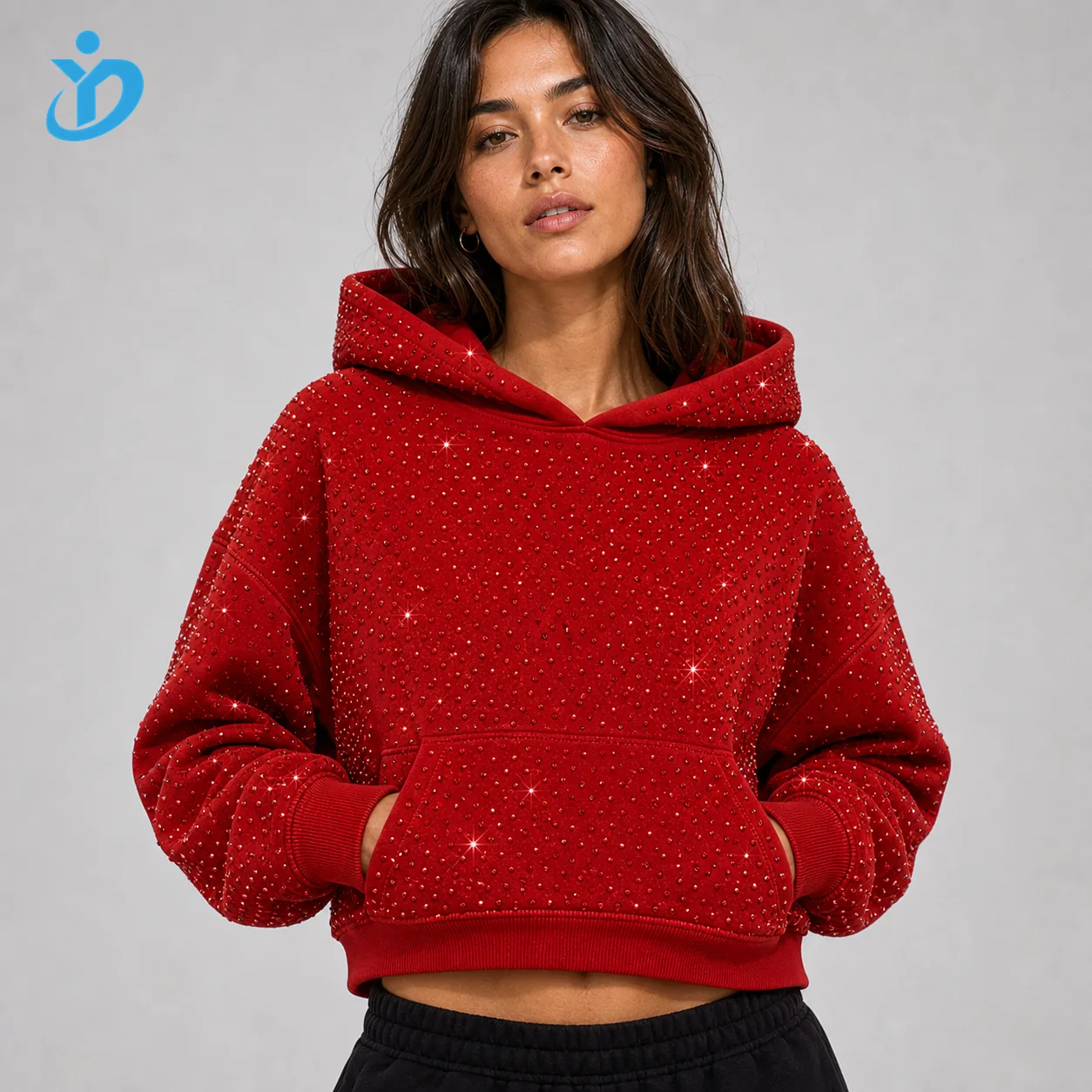 Custom womens red rhinestone embellished hoodie front view upper body model with YIDI Clothing logo