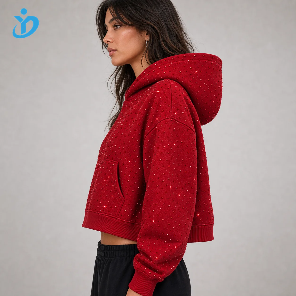 Custom womens red rhinestone embellished hoodie side view upper body model from China OEM ODM hoodie manufacturer with YIDI Clothing logo