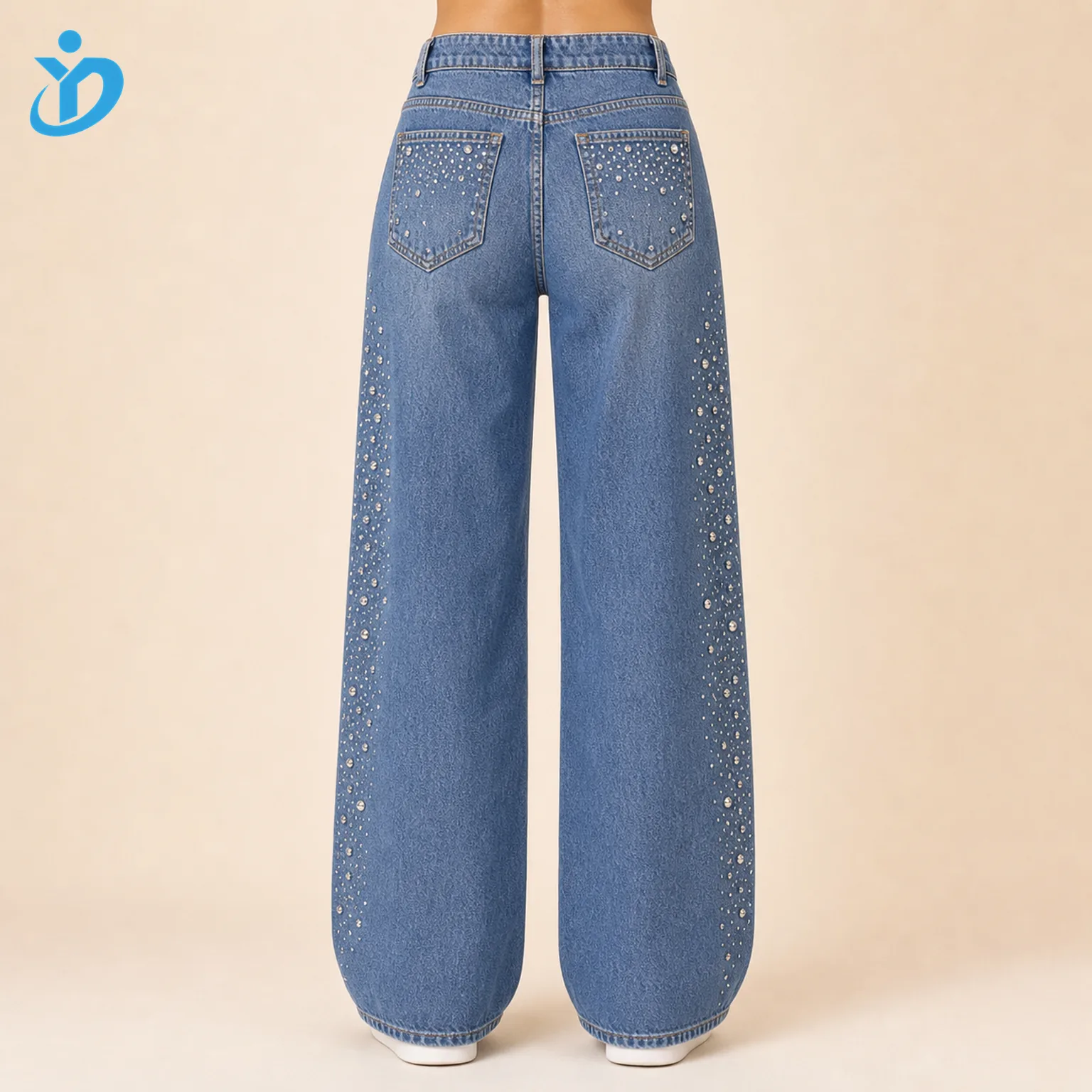 Custom womens rhinestone denim jeans back view lower body model with rhinestone decorated back pockets wide leg fit and Dongguan Yidi Clothing Co Ltd transparent logo