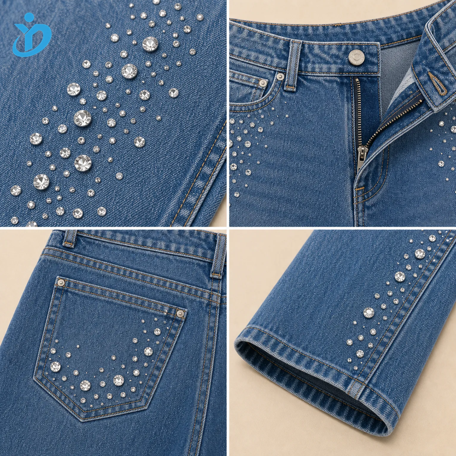 Custom womens rhinestone denim jeans detail grid showing crystal rhinestones denim fabric waistband pocket back pocket hem stitching and Dongguan Yidi Clothing Co Ltd transparent logo