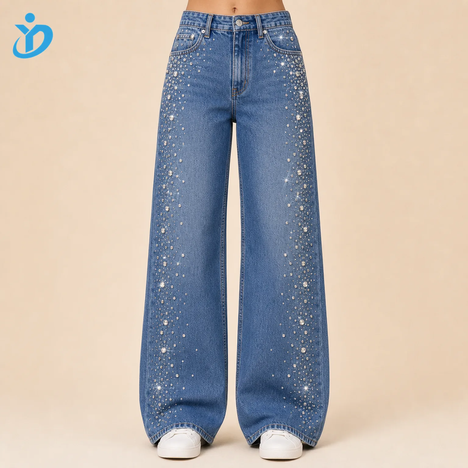 Custom womens rhinestone denim jeans front view lower body model with sparkling crystal embellishment wide leg fit and Dongguan Yidi Clothing Co Ltd transparent logo