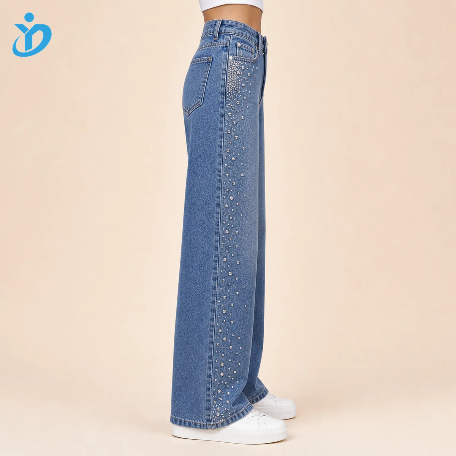 Custom womens rhinestone denim jeans side view lower body model with side seam rhinestone decoration for OEM ODM denim manufacturing and Dongguan Yidi Clothing Co Ltd transparent logo