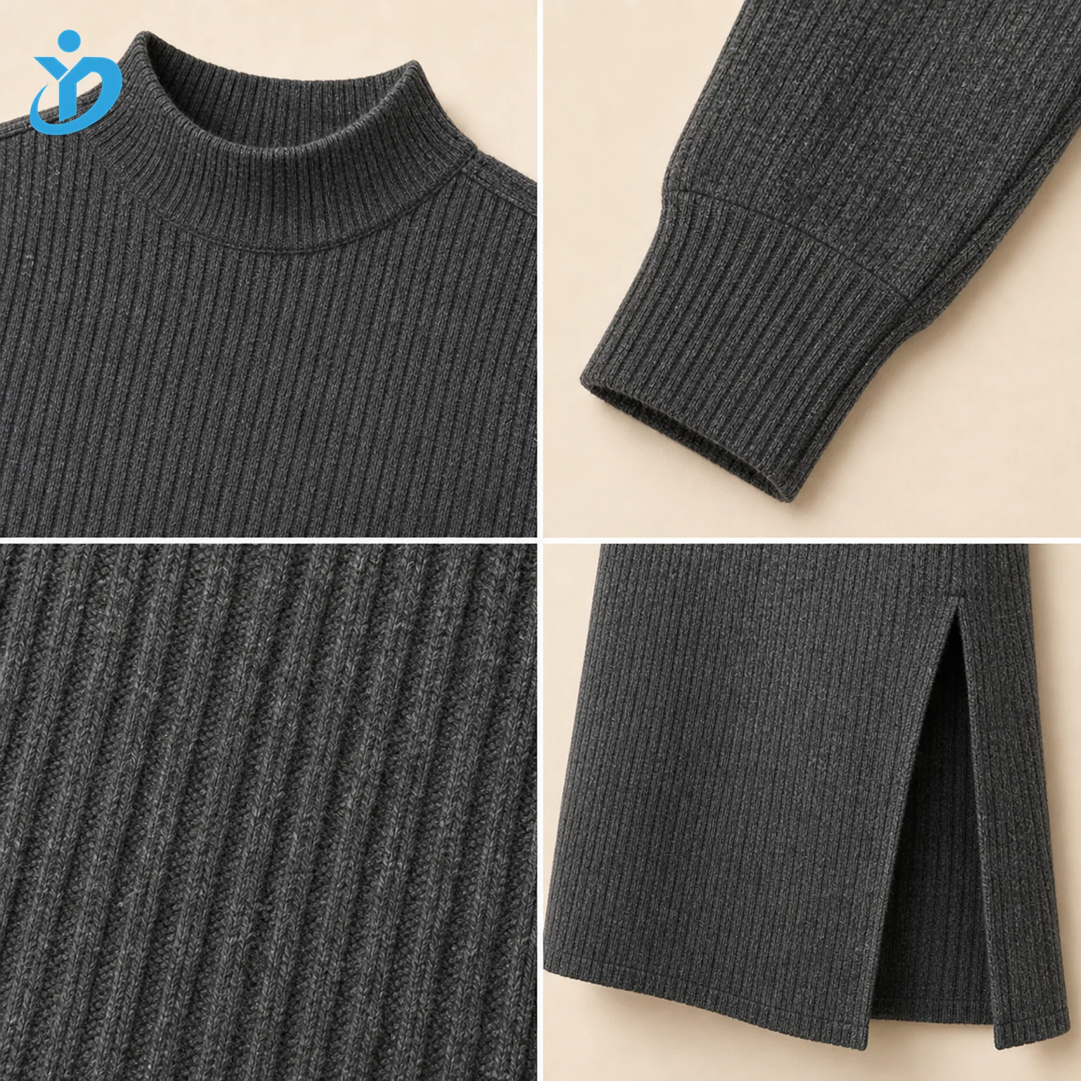 Custom womens ribbed knit sweater dress detail grid showing mock neck sleeve cuff rib texture side slit hem and Dongguan Yidi Clothing Co Ltd transparent logo