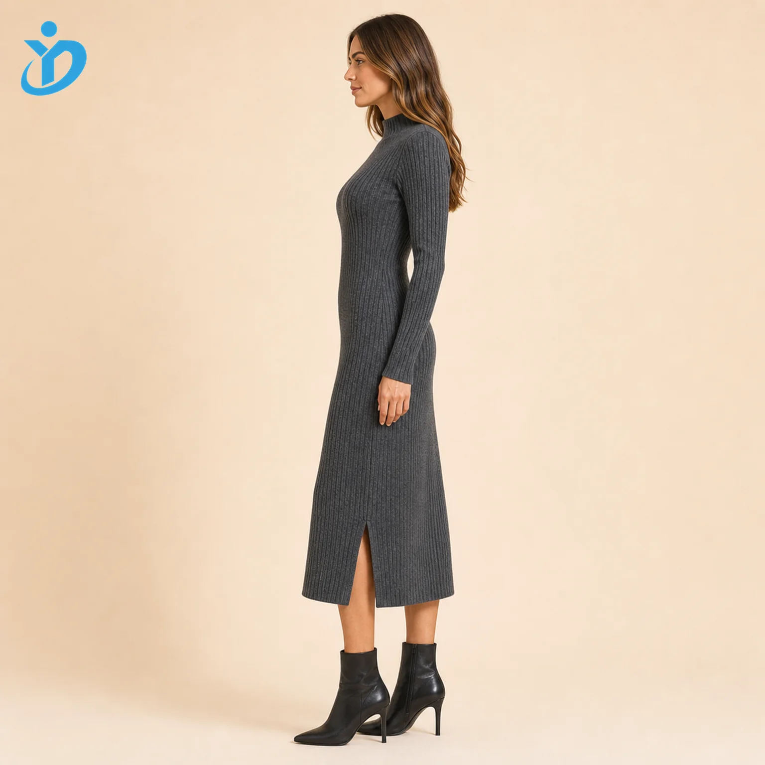 Custom womens ribbed knit sweater dress side view for private label knit dress manufacturing with Dongguan Yidi Clothing Co Ltd transparent logo