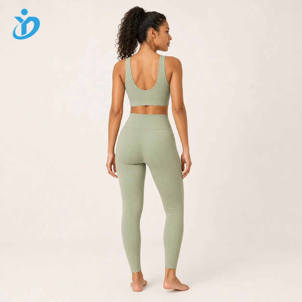 Custom womens ribbed yoga set back view with YIDI Clothing logo