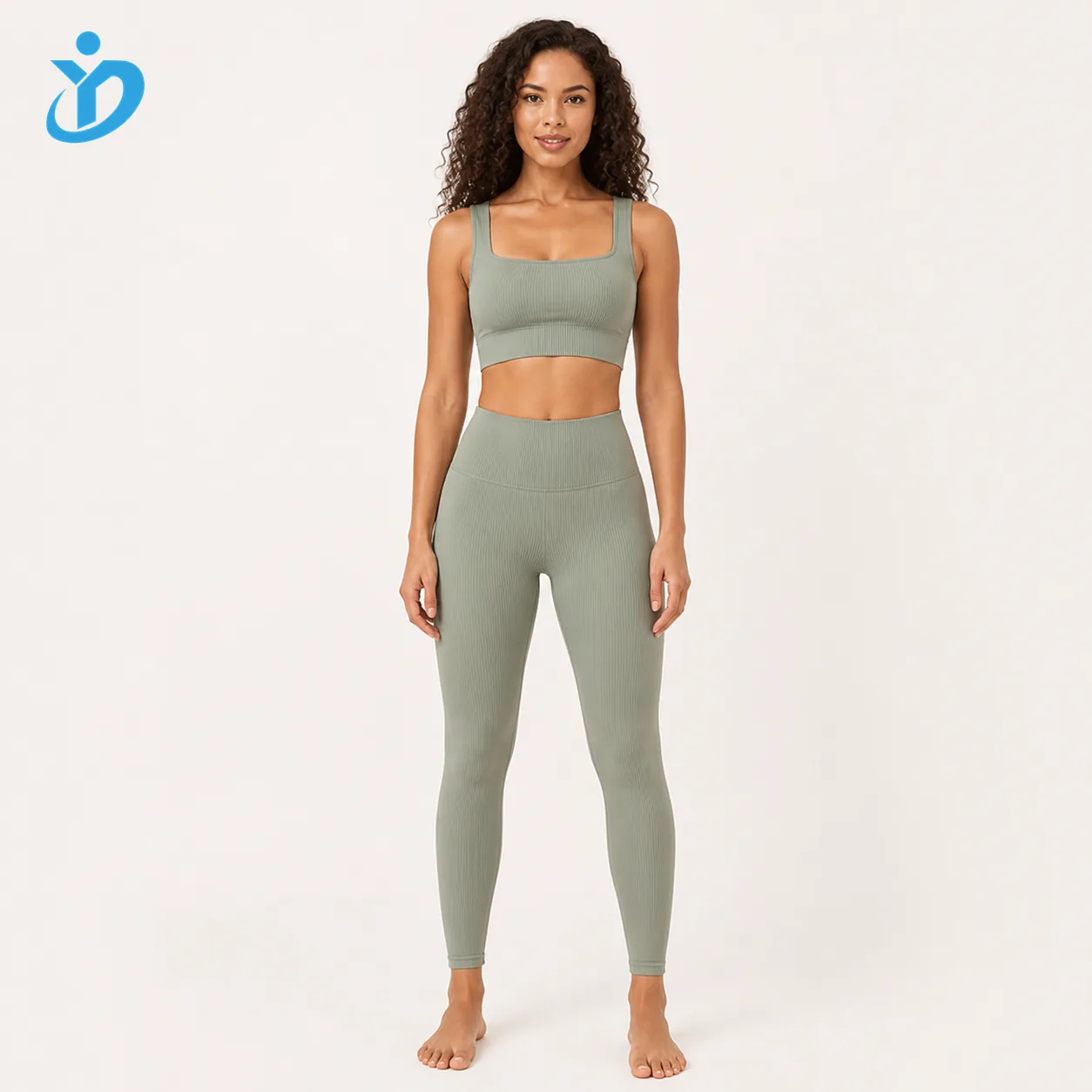 Custom womens ribbed yoga set front view with YIDI Clothing logo