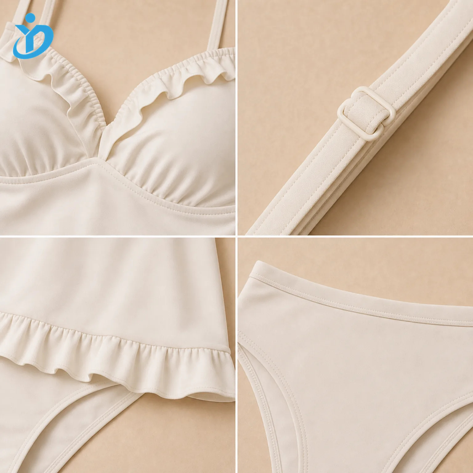 Custom womens ruffle tankini two piece swimsuit detail grid showing ruffle neckline adjustable strap slider long ruffle hem high waist waistband and Dongguan Yidi Clothing Co Ltd transparent logo