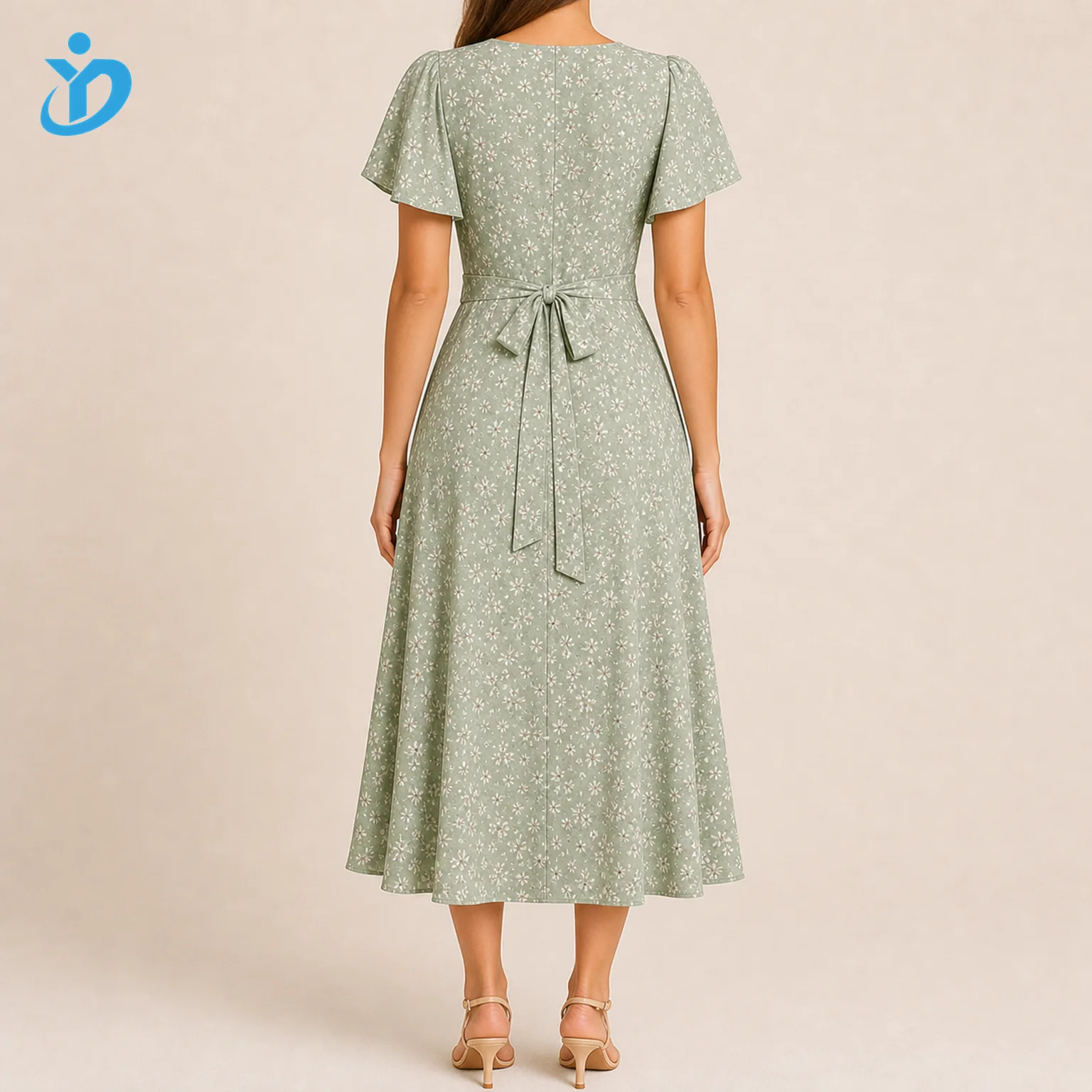 Clean square 1 to 1 custom womens sage floral wrap dress back view with waist tie and transparent Dongguan Yidi Clothing Co Ltd logo