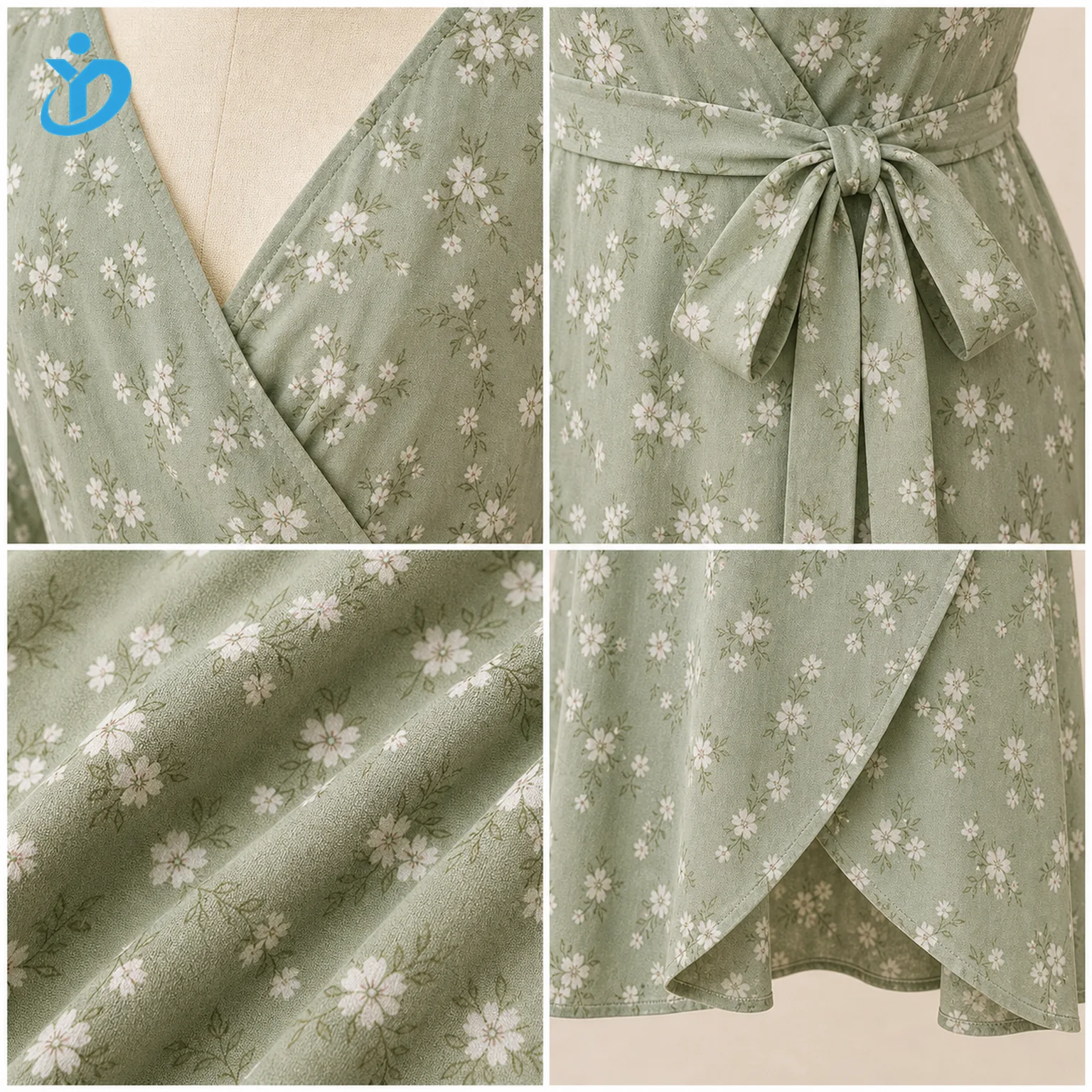 Clean square 1 to 1 custom womens sage floral wrap dress detail grid showing V neck wrap overlap waist tie floral fabric hem and transparent Dongguan Yidi Clothing Co Ltd logo