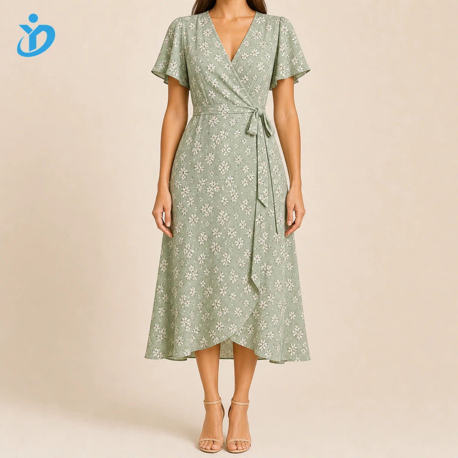 Clean square 1 to 1 custom womens sage floral wrap dress front view on real female model with transparent Dongguan Yidi Clothing Co Ltd logo