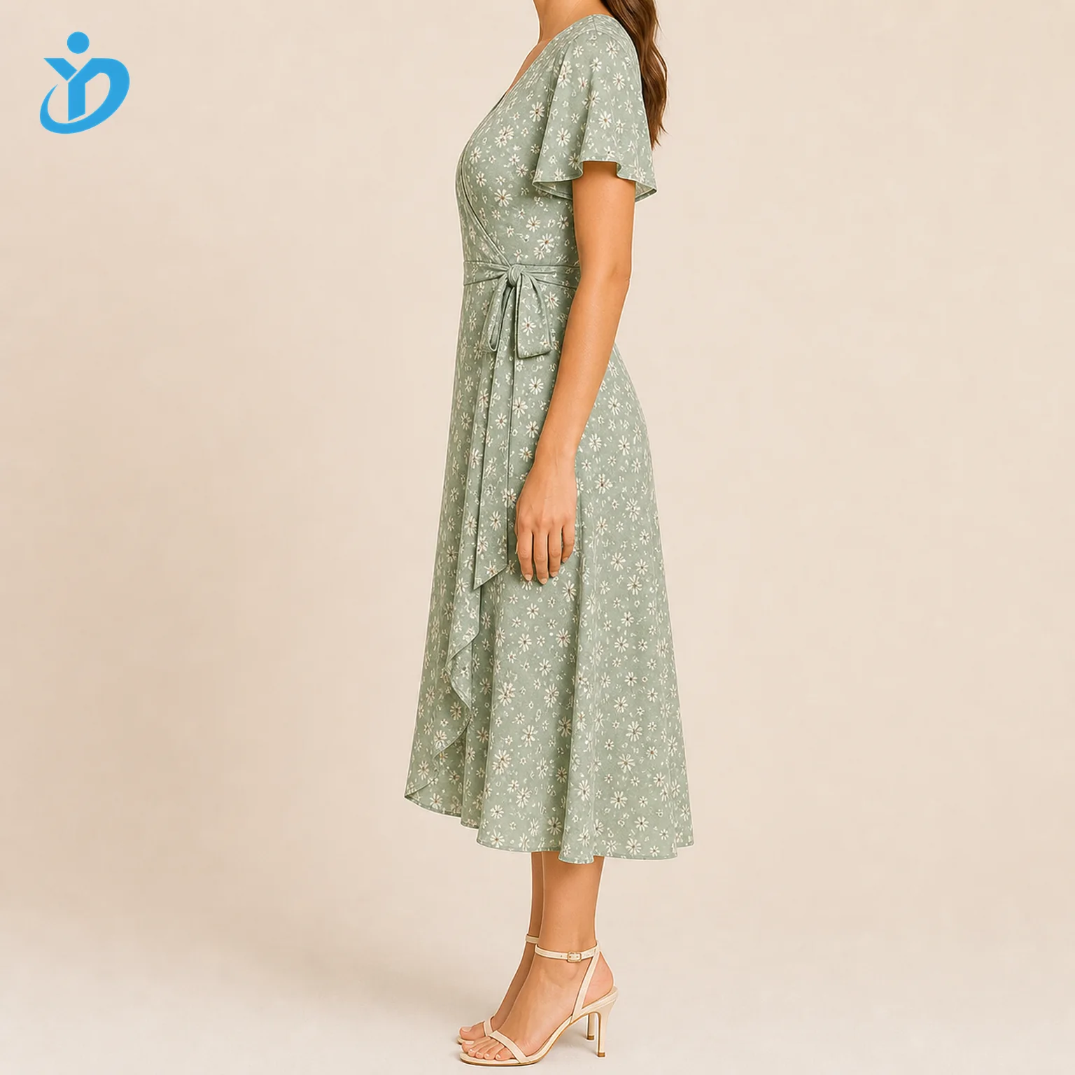 Clean square 1 to 1 custom womens sage floral wrap dress side view for private label casual dress manufacturing with transparent Dongguan Yidi Clothing Co Ltd logo
