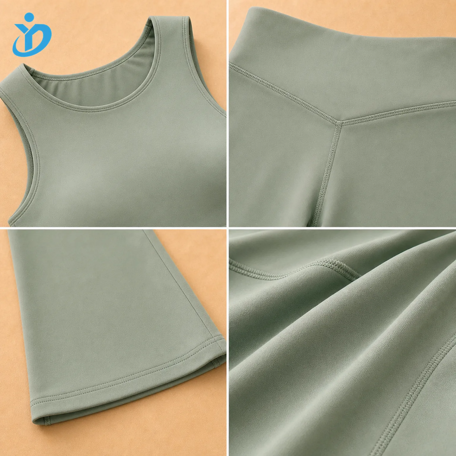 Detail grid for custom women's sculpt flare yoga set showing high neck tank, V waistband, flared hem, stretch fabric