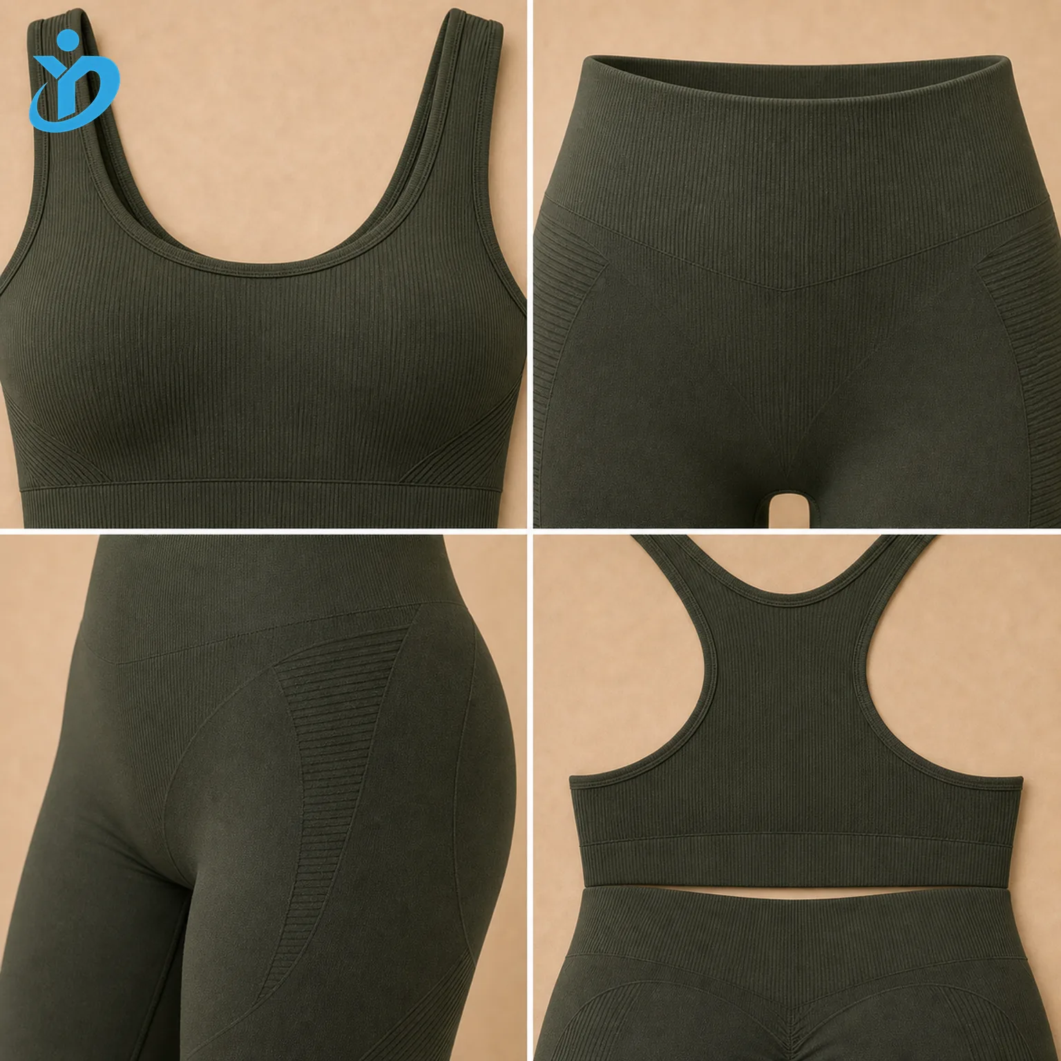 Custom womens seamless ribbed yoga set detail grid showing scoop neck sports bra high waist leggings ribbed waistband contour panels four-way stretch fabric and Dongguan Yidi Clothing Co Ltd transparent logo